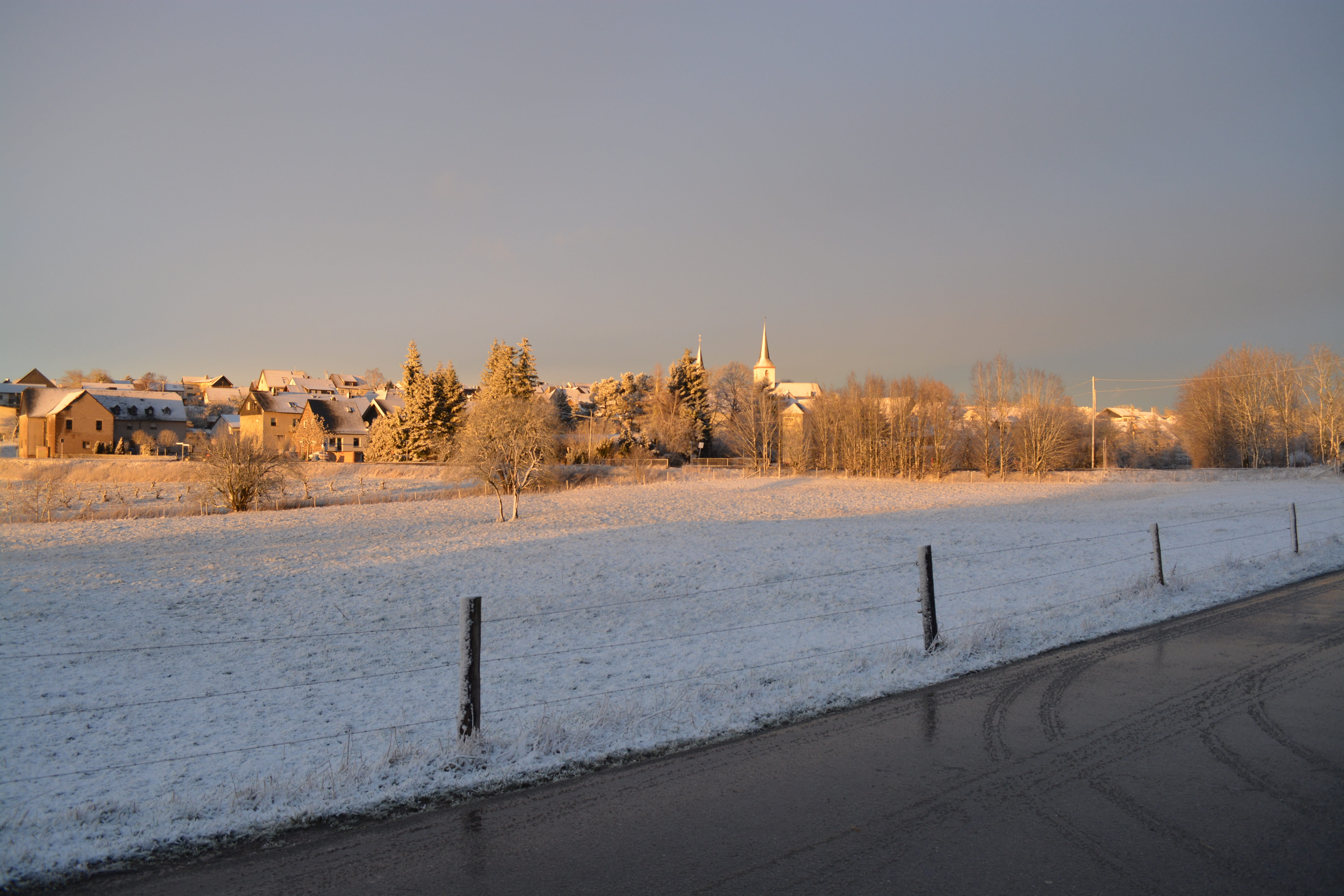 argenthal, sunlight, tranquil scene, clear sky, landscape, cold temperature, light, sky, open field, sun, snowed in, steeple, rlp, snow, rest, village, HD Wallpaper