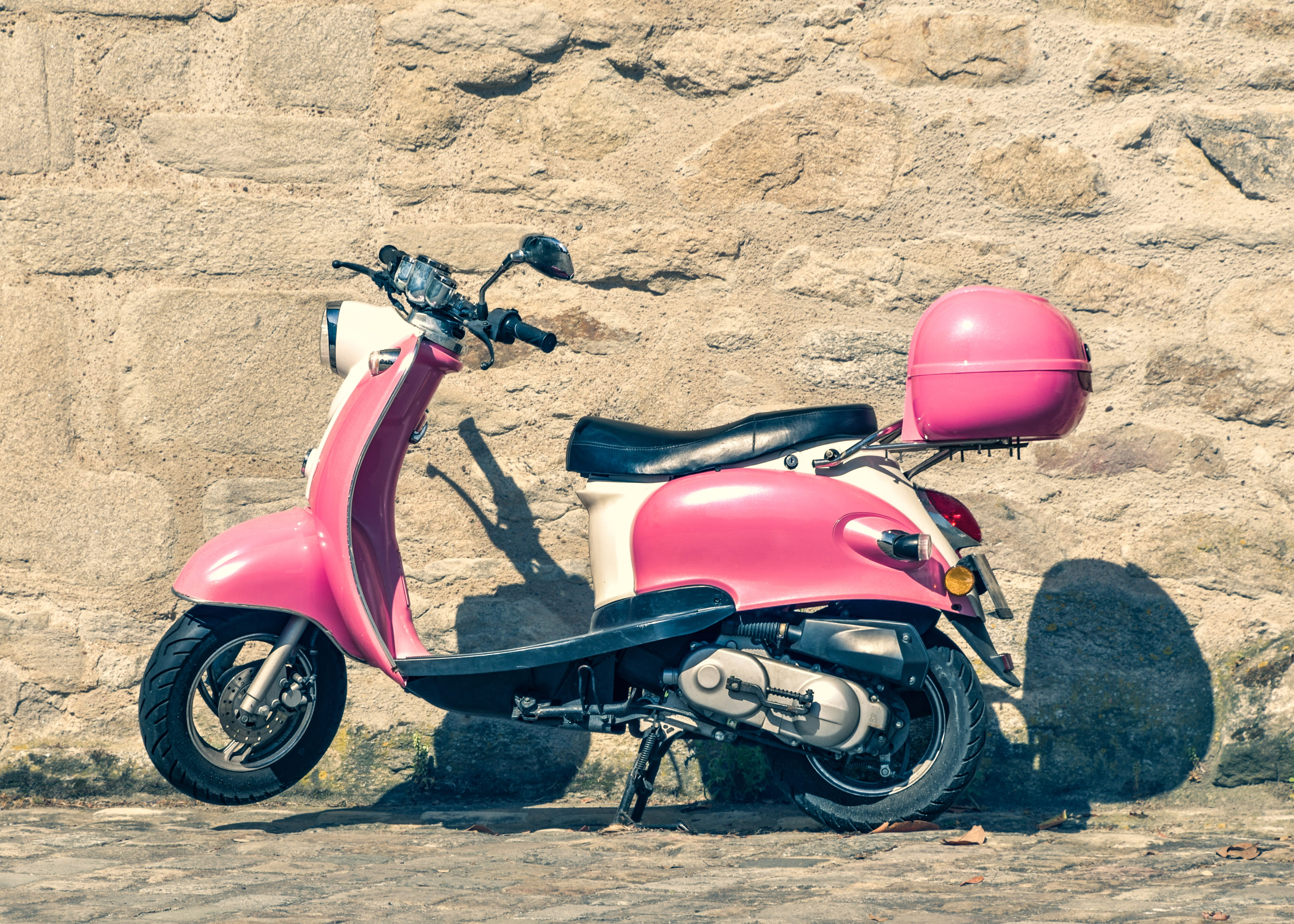 vehicle, nature, pink color, motorcycle, stationary, 4K, sunlight, parking, transportation, two-wheels, bicycle, mode of transportation, motor scooter, HD Wallpaper