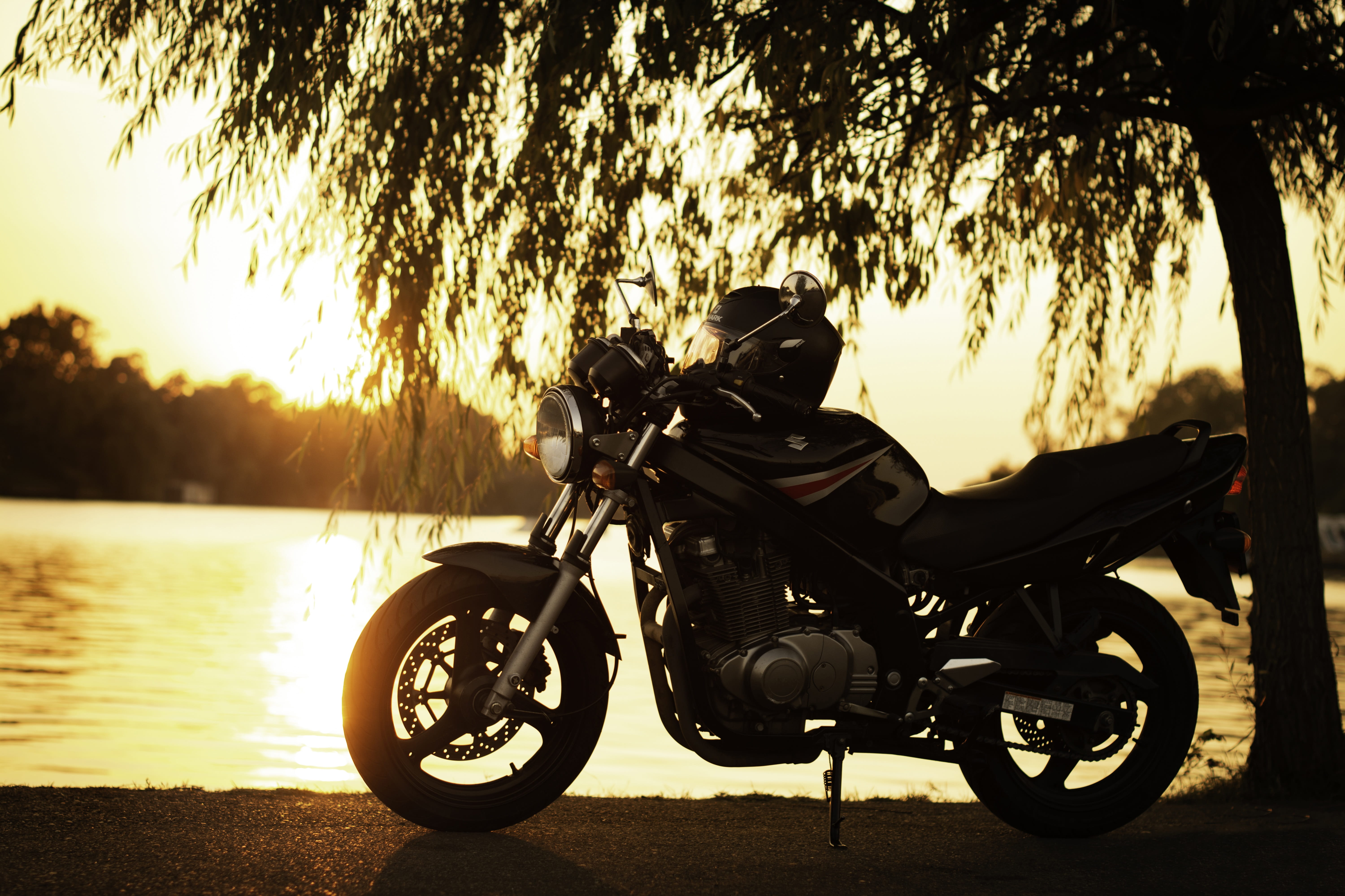 tree, photography, sunset, silhouette, motorcycle, beauty in nature, bicycle, plant, reflection, one person, land vehicle, sky, suzuki gs500, lake, transportation, HD Wallpaper