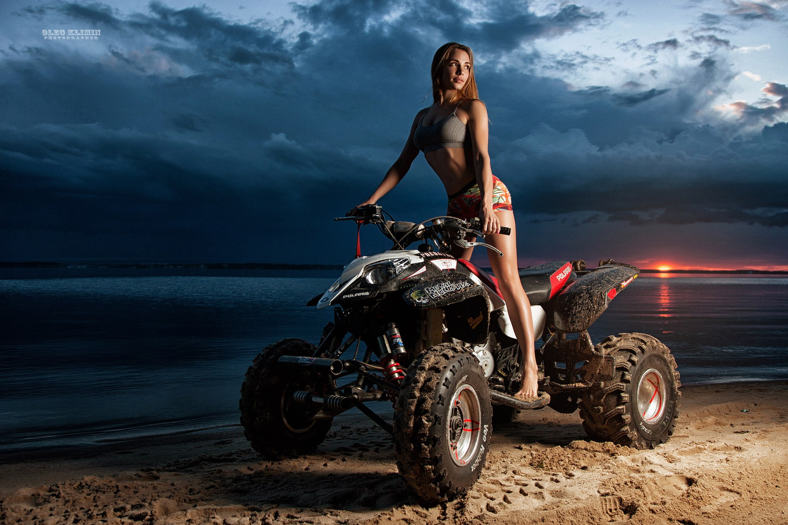 nature, sky, mode of transportation, adult, sand, water, sunset, one person, sea, ATVs, standing, transportation, land, full length, young adult, women, HD Wallpaper
