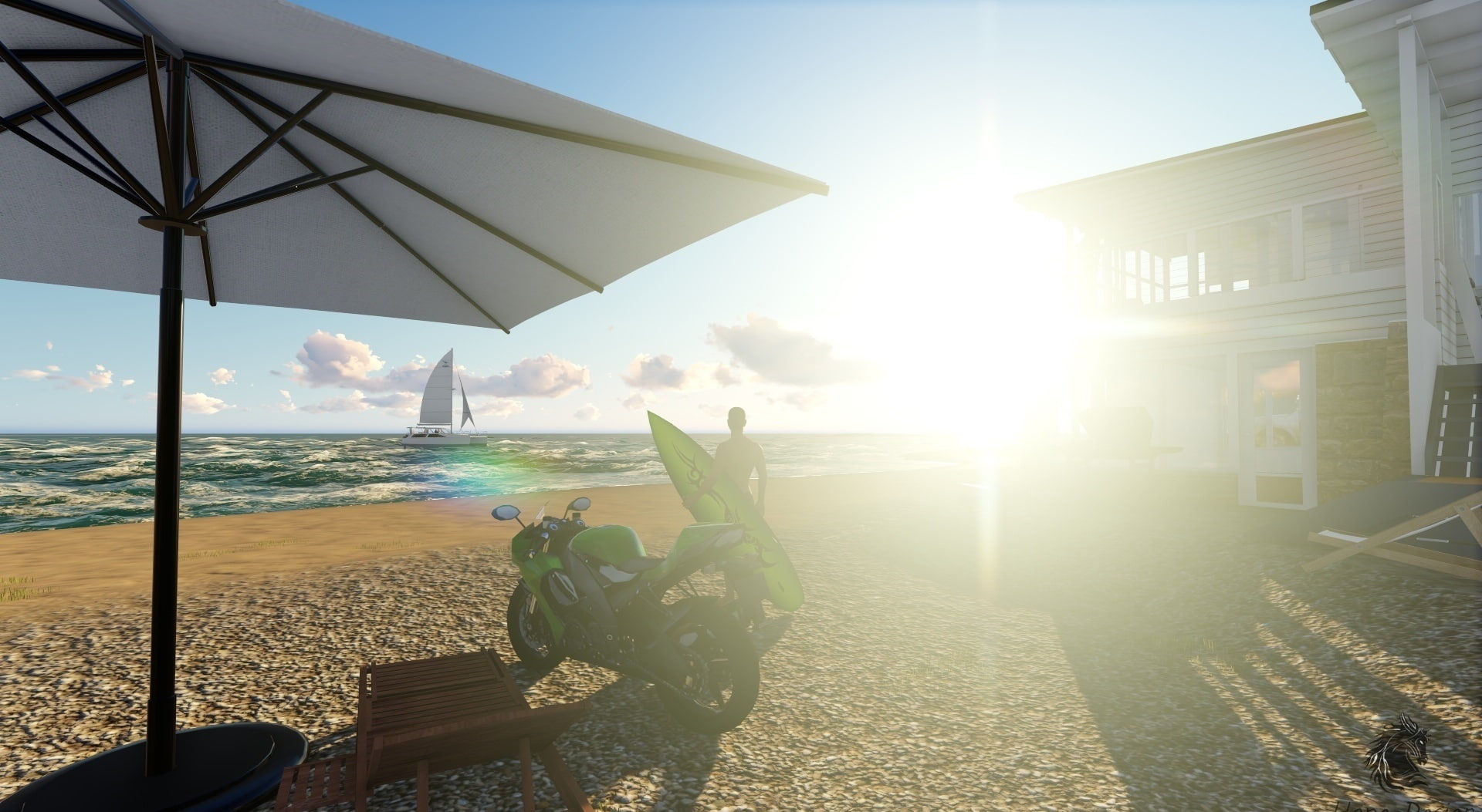 sunbeam, outdoors, lens flare, motors, built structure, summer, sunlight, men, sitting, 3D, building exterior, Artistic, water, beach, architecture, leisure activity, HD Wallpaper
