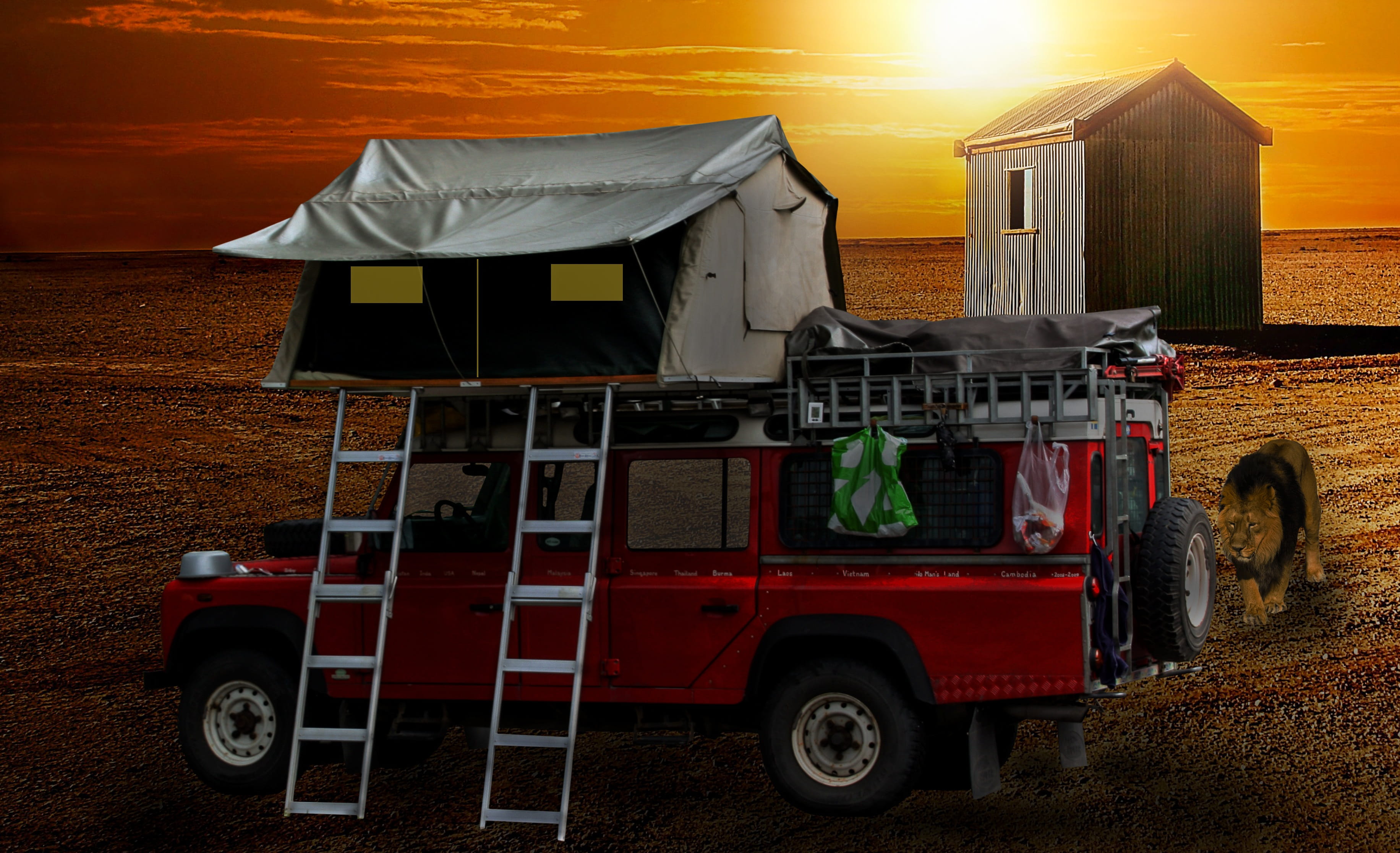 building exterior, truck, street, nature, Tent, wilderness, house, building, lion, motor vehicle, camping, adventure, orange color, Good Night, no people, HD Wallpaper