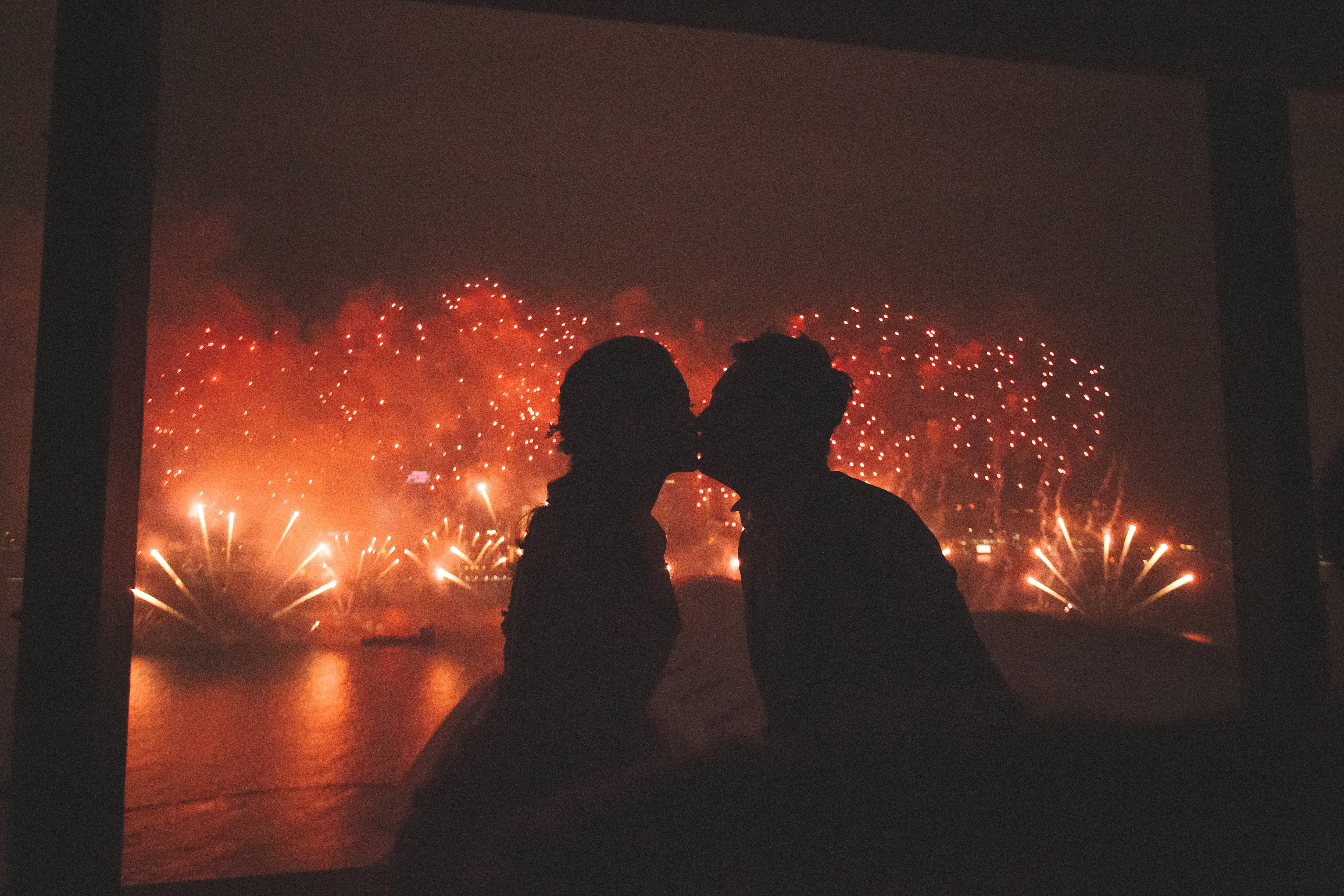 positive emotion, couple, silhouette, love, heterosexual couple, togetherness, illuminated, people, nature, fire, 4K, men, burning, real people, kissing, HD Wallpaper