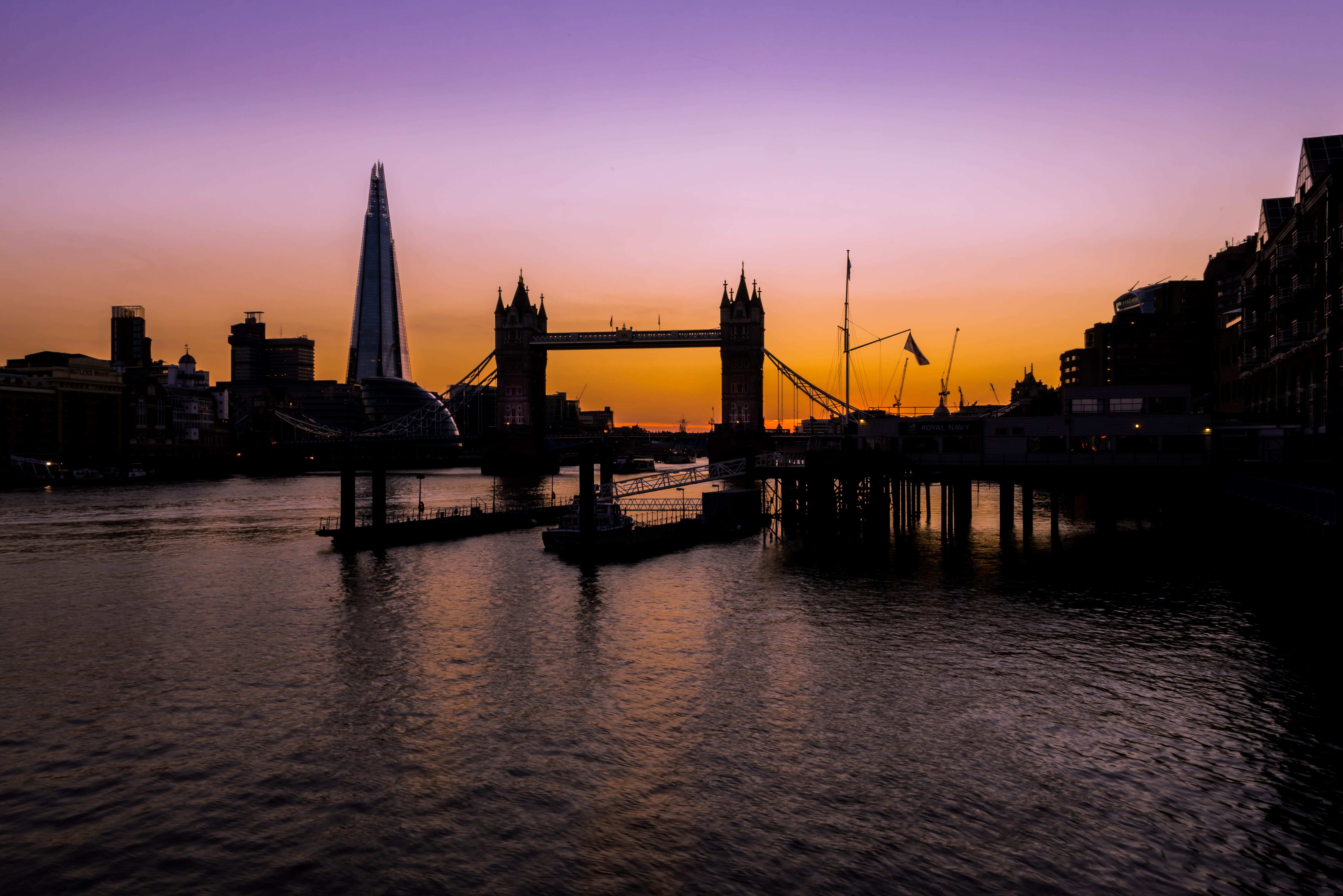 building, silhouette, spire, london assembly, cityscape, building exterior, back lit, bridge - man made structure, tower bridge as seen from st katharines in wapping, HD Wallpaper