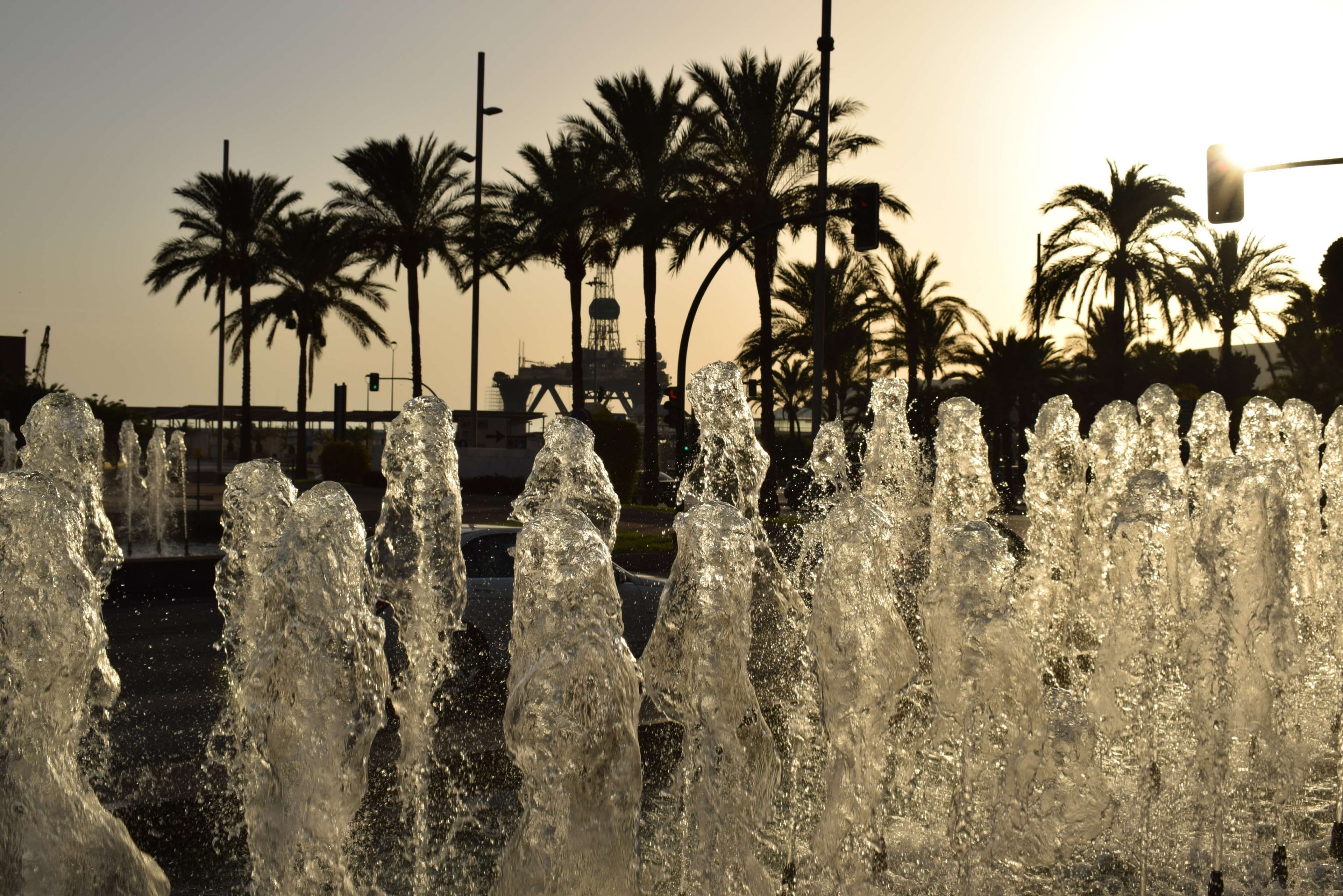 architecture, fuente, sol, mediterrneo, puerto, puesta de sol, no people, palm tree, tranquil scene, sunlight, growth, nature, tranquility, outdoors, contraluz, HD Wallpaper