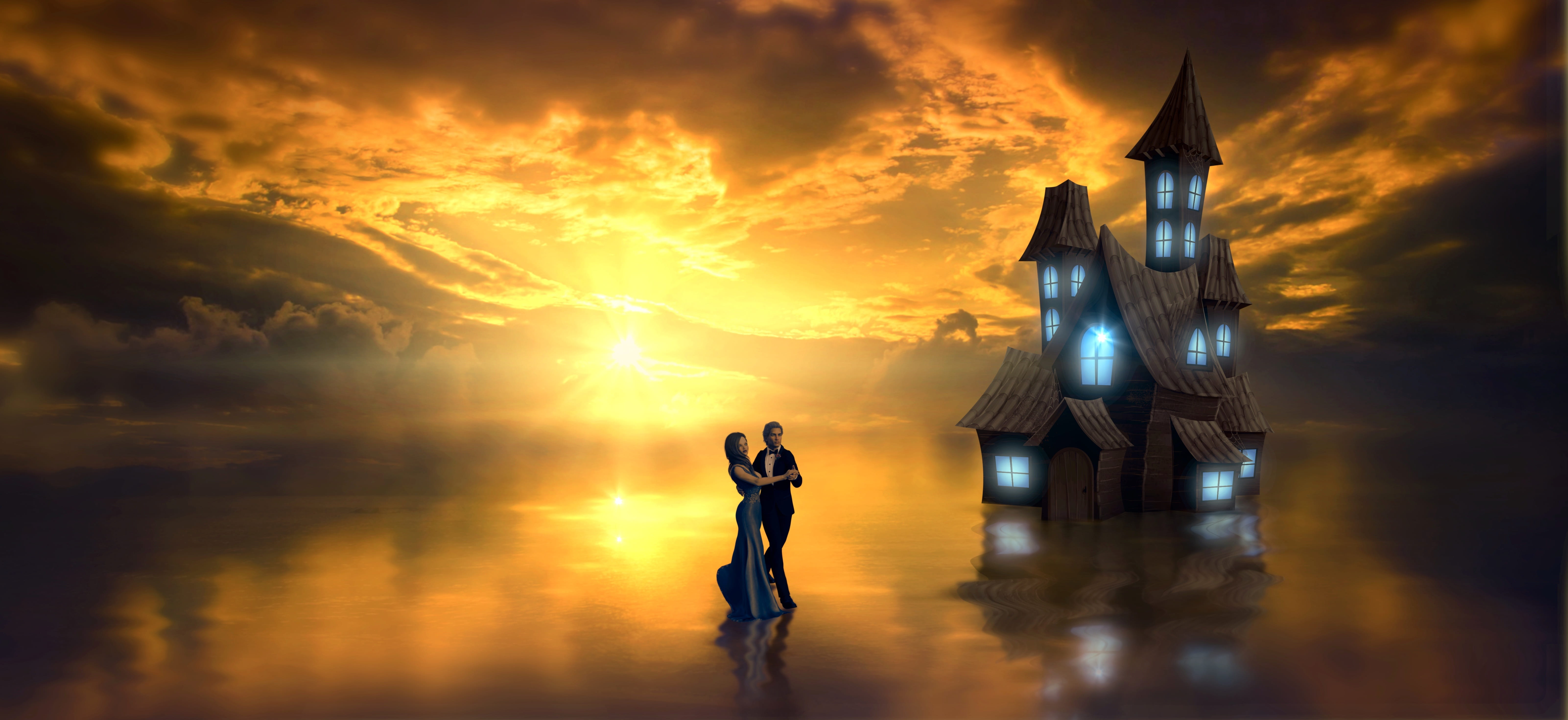 composing, backlighting, fantasy, mystical, 5K, religion, man, lake, clouds, travel, sky, standing, light, dance, water, pair, reflection, beauty in nature, HD Wallpaper