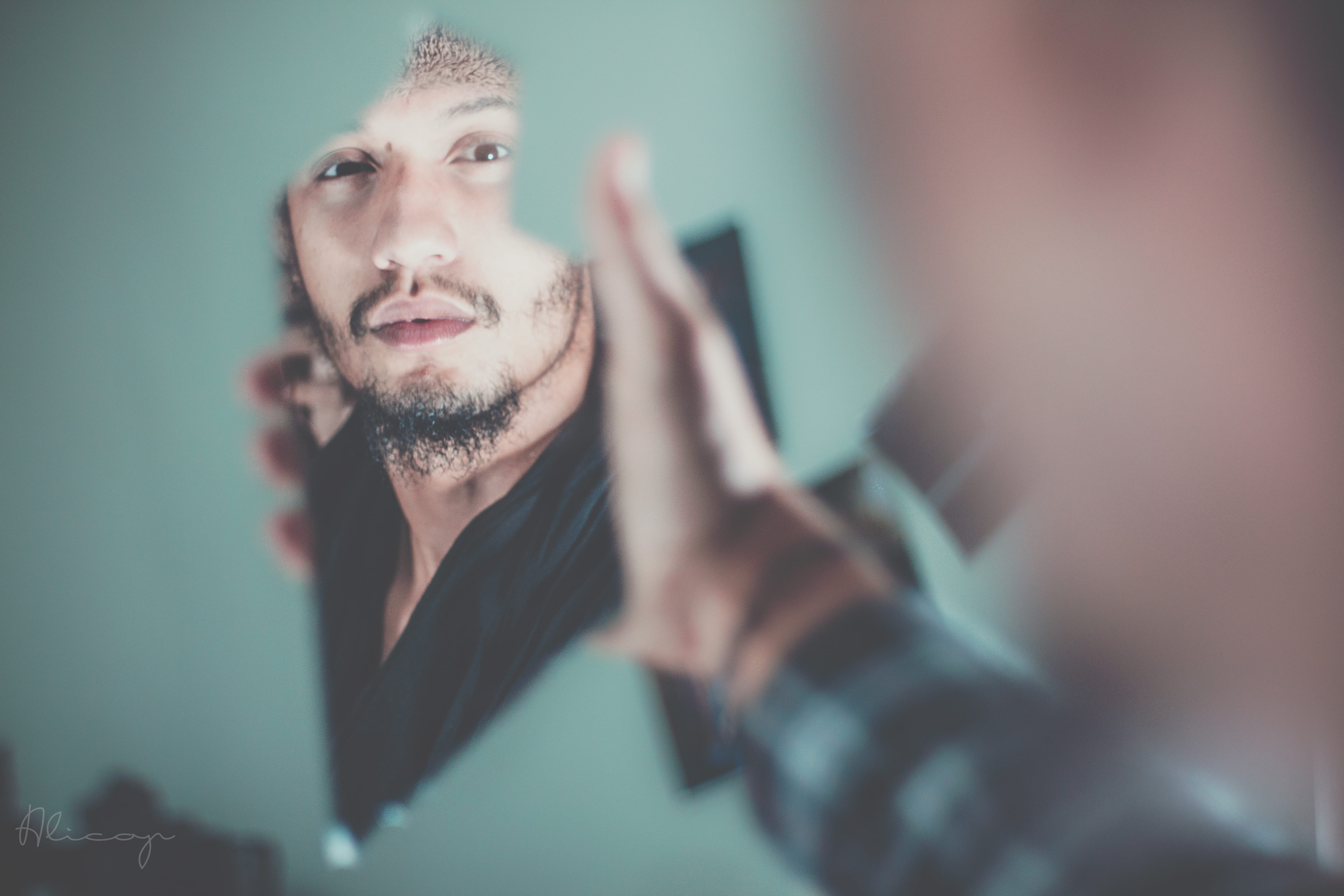selective focus, contemplation, indoors, woman, real people, one person, broken, beard, blur, young adult, man, algeria, reflection, adult, s, front view, HD Wallpaper