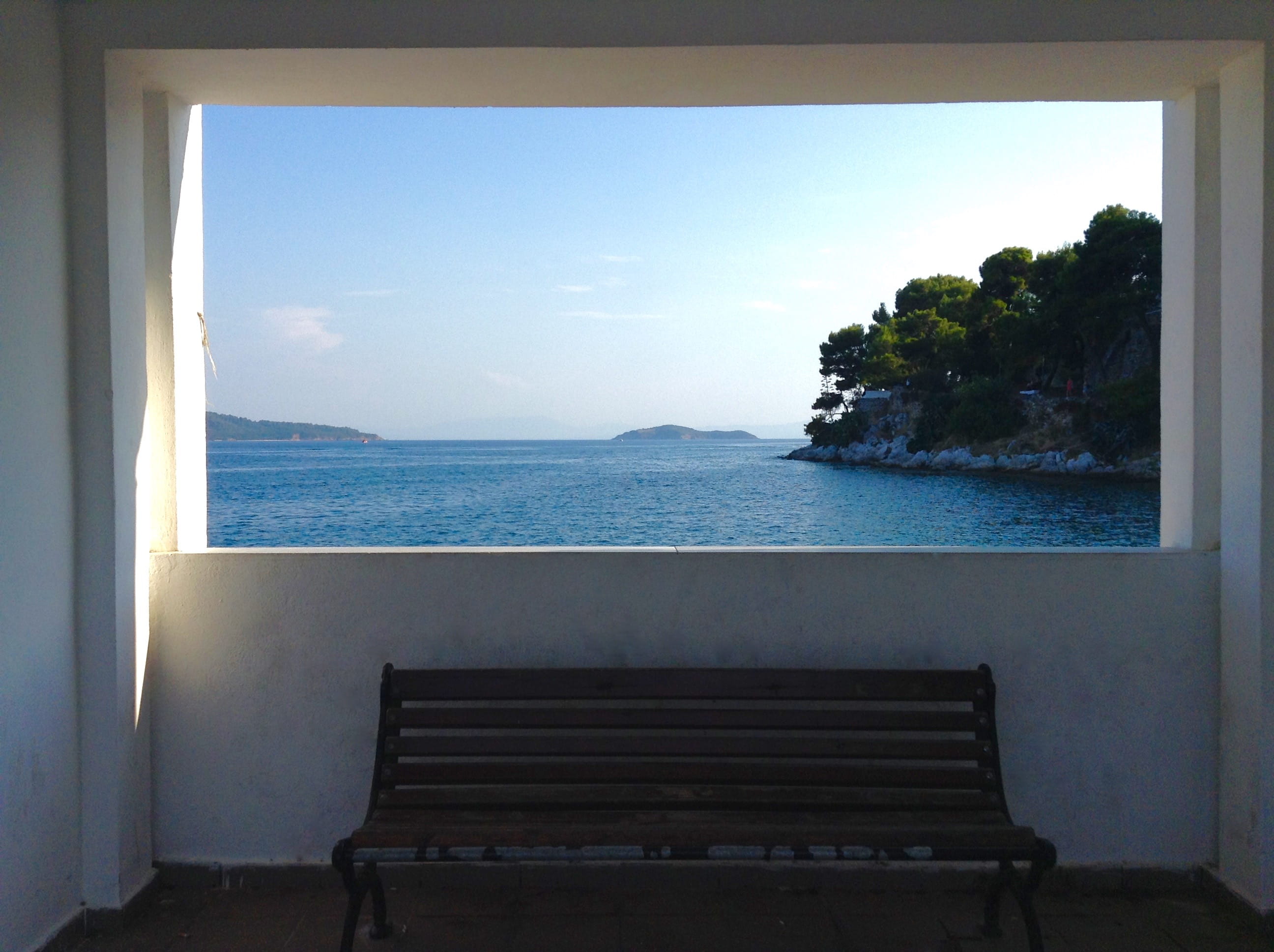 sea, sky, luxury, window, no people, seat, skopelos island, scenics - nature, pelion peninsula, bench by the sea, landscape, horizon, architecture, tranquil scene, HD Wallpaper