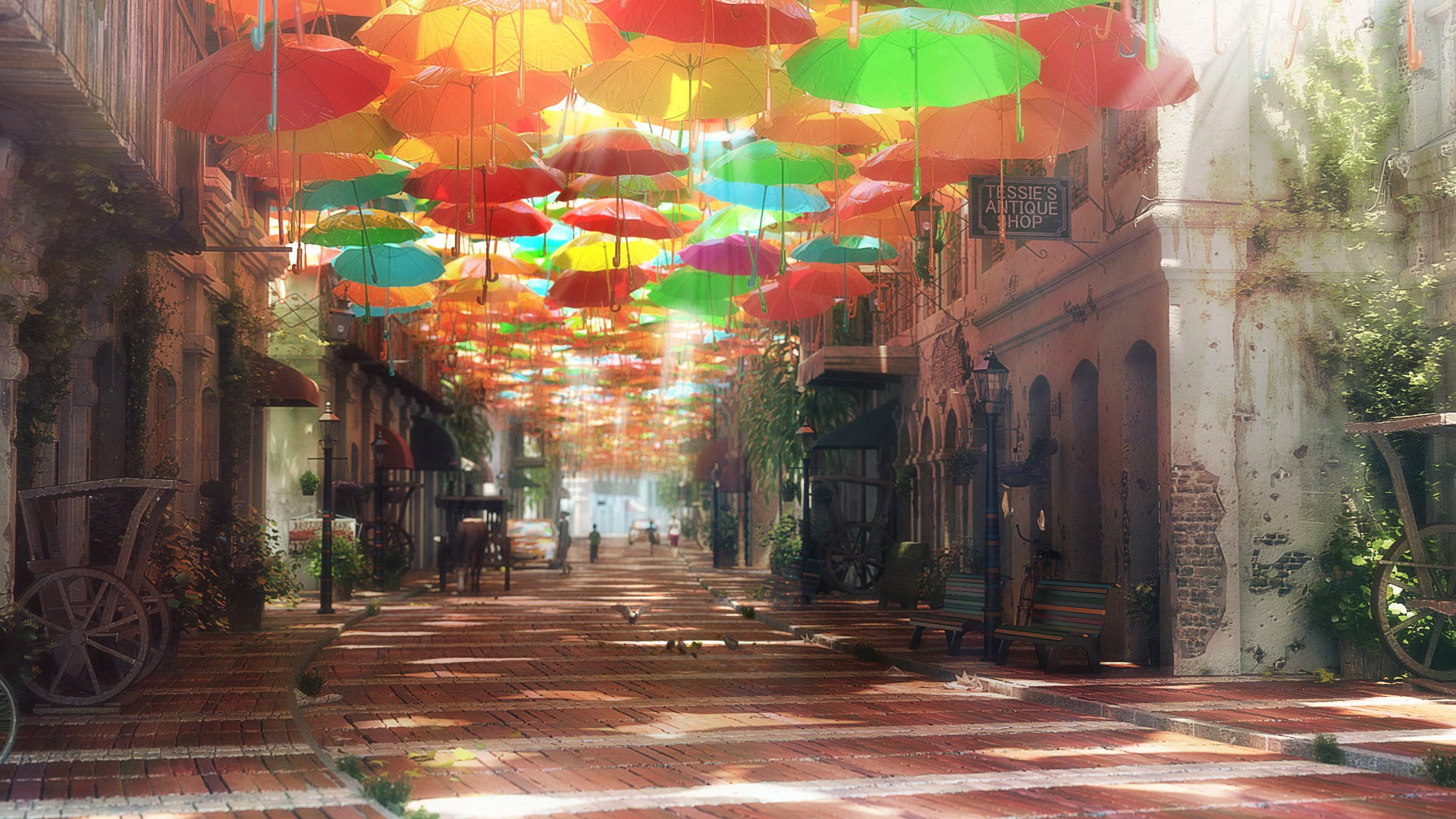 colorful, built structure, alley, building, lantern, lighting equipment, footpath, 1080P, umbrella, direction, street, city, architecture, hanging, the way forward, HD Wallpaper