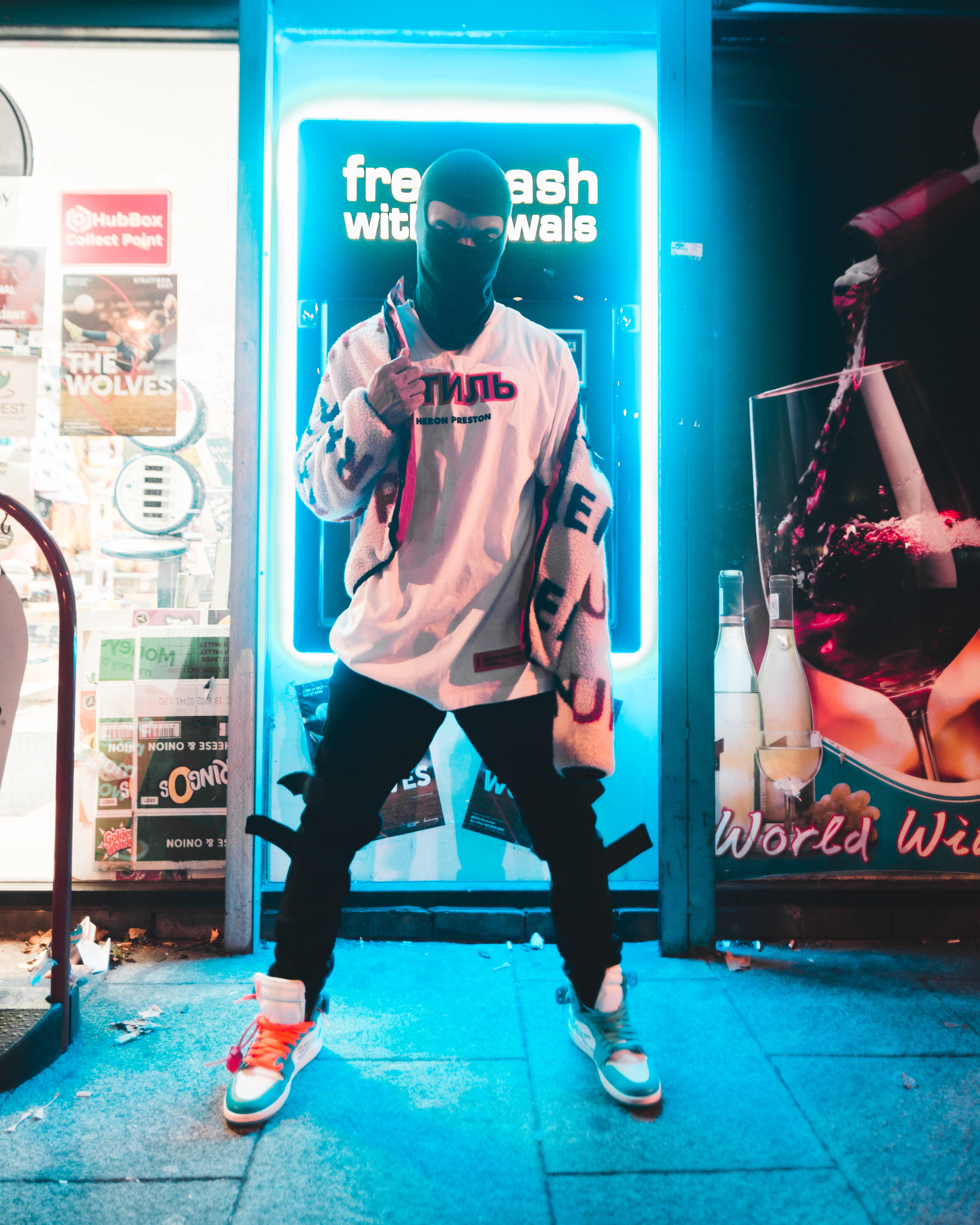 supreme, representation, 5K, indoors, real people, illuminated, neon, human representation, incidental people, text, fashion, casual clothing, men, mens wear, Phone HD Wallpaper