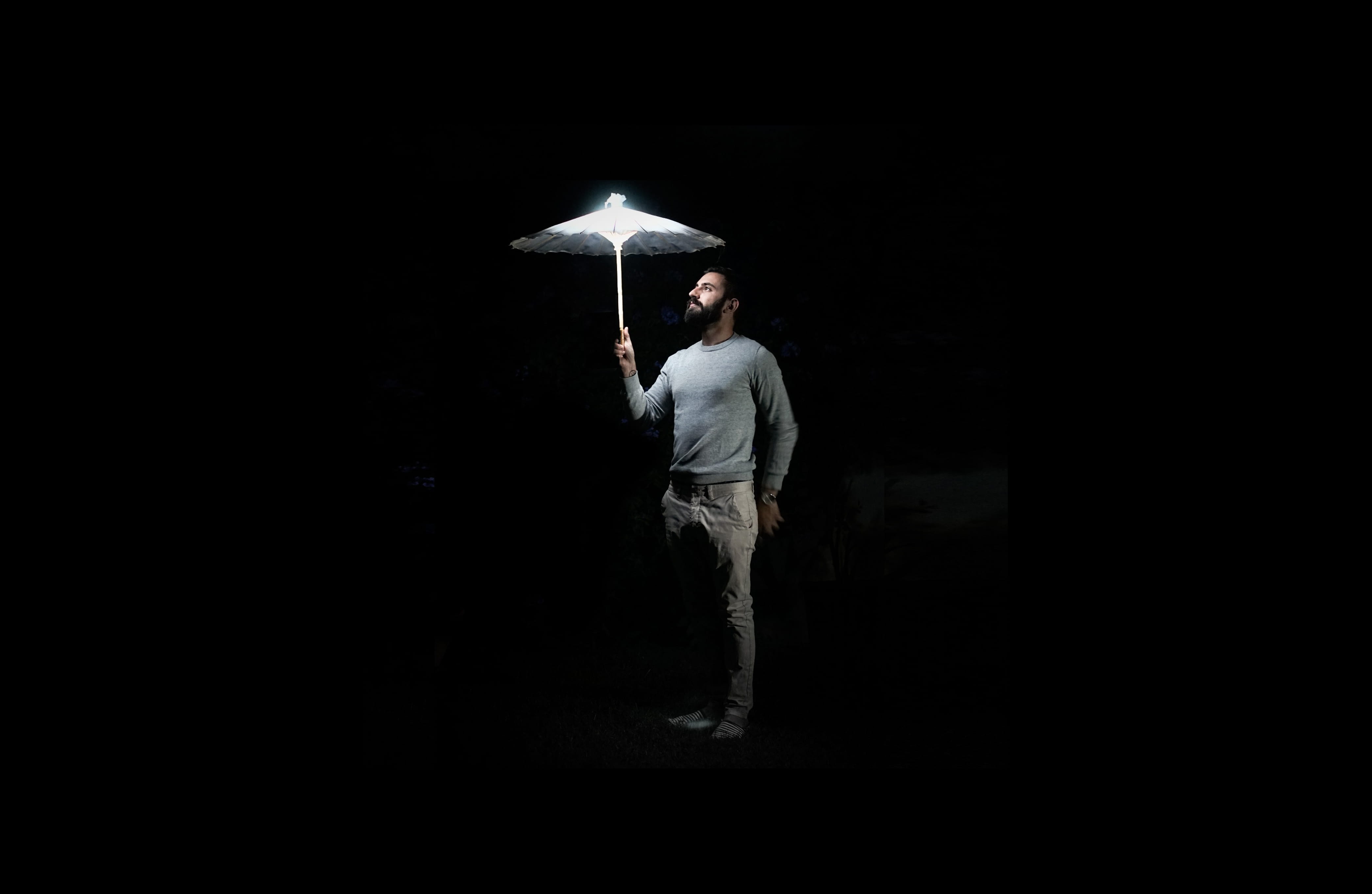 darkness, security, adult, human, black background, man, light, illuminated, luz, jeans, umbrella, canopy, apparel, full length, clothing, dark, silhouette, HD Wallpaper