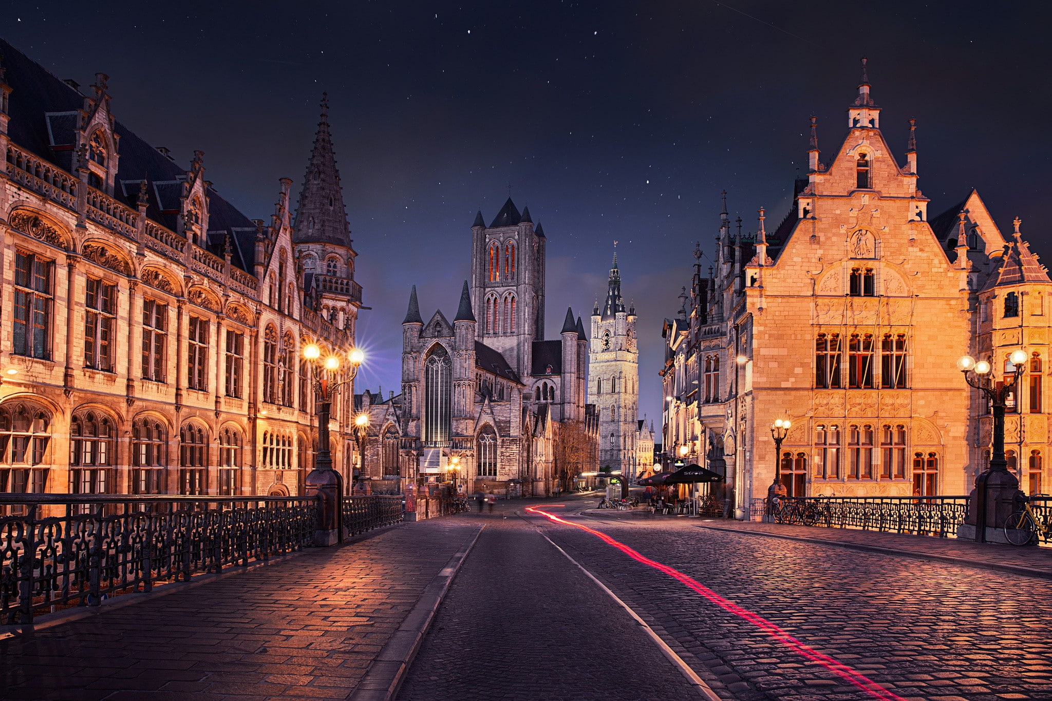 street light, night, building, old building, architecture, 1080P, city, Belgium, road, street, Gent, HD Wallpaper