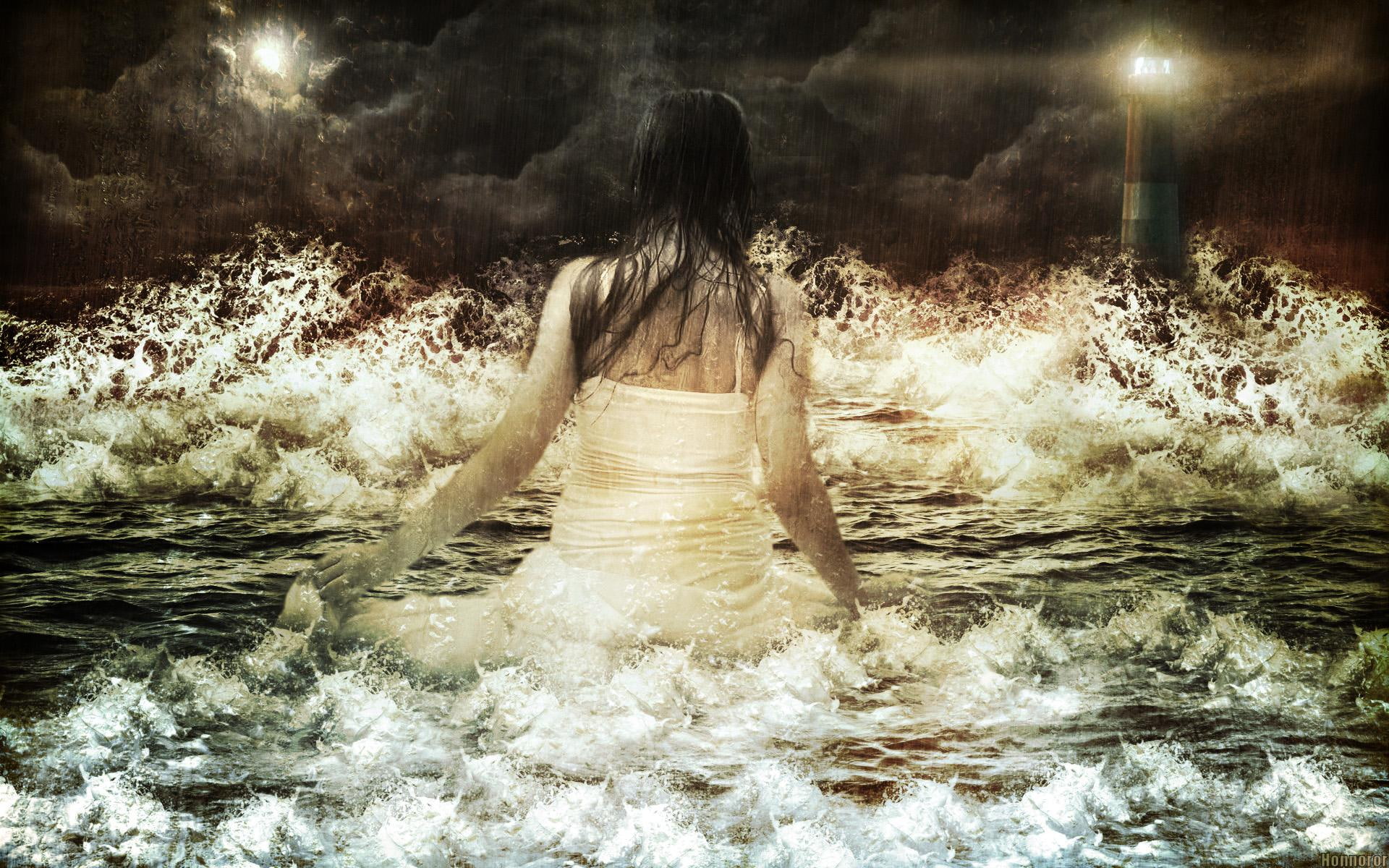minuit, 1080P, woman, baignade, painting, sea, bain, femme, water, 3d and abstract, HD Wallpaper
