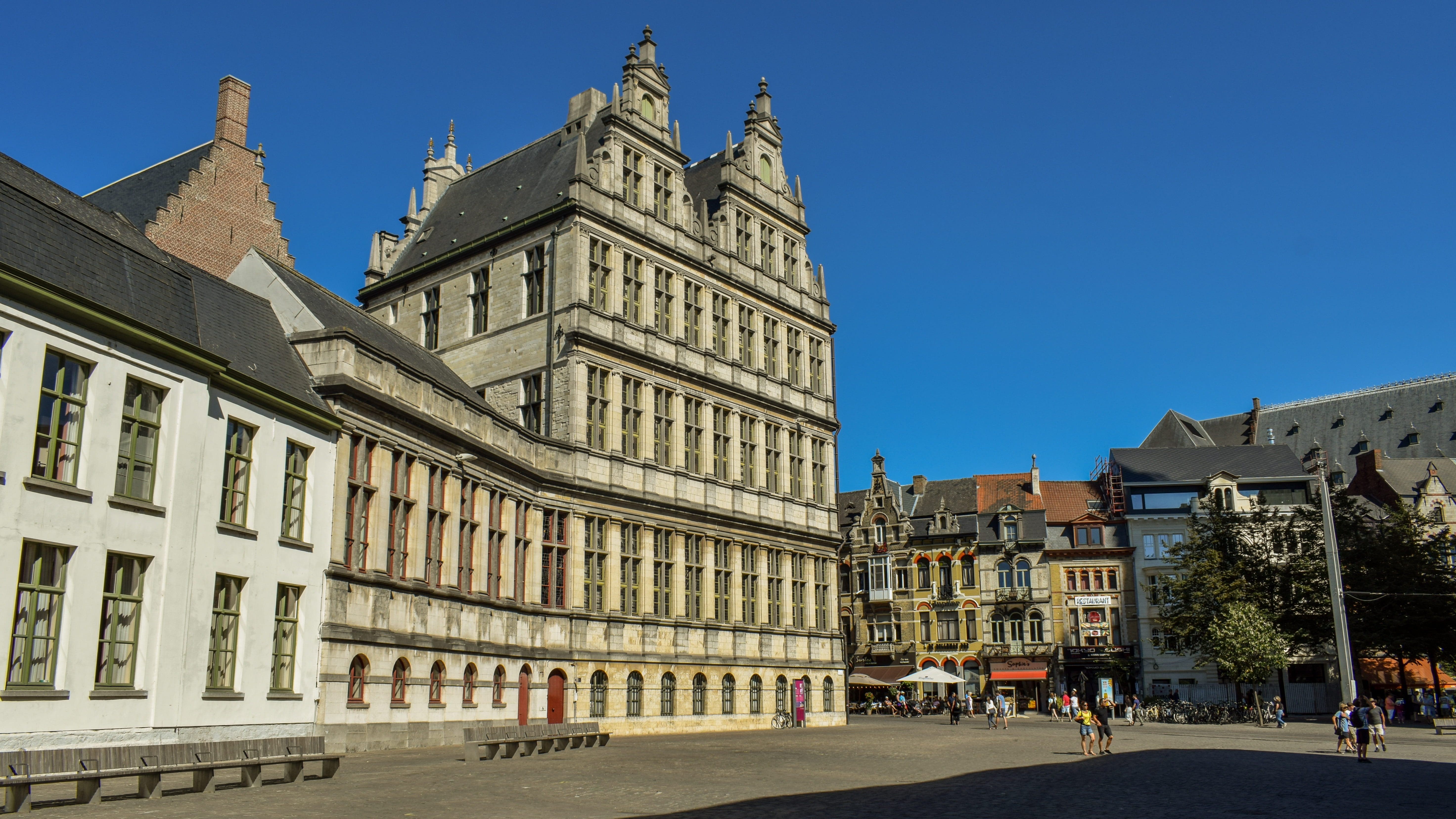 built structure, clear sky, picturesque, romantic, gent, city, group of people, building, sky, street, nature, travel destinations, day, belgium, building exterior, HD Wallpaper