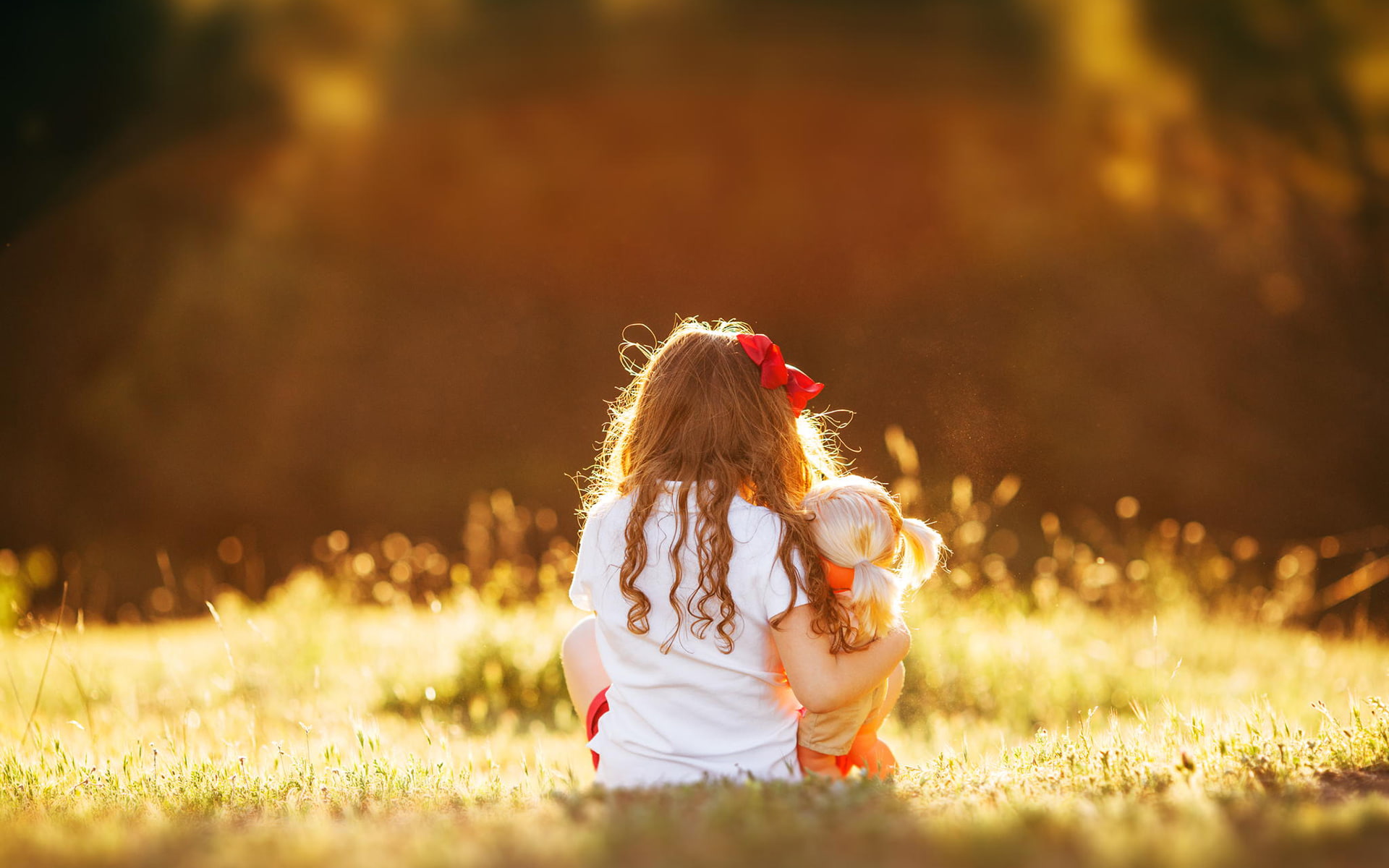 childhood, successfully, back, happiness, life, photo, with a bow, situtsiya, the sun, amour, child, the time, doll, love, 1080P, Girl, summer, light, HD Wallpaper