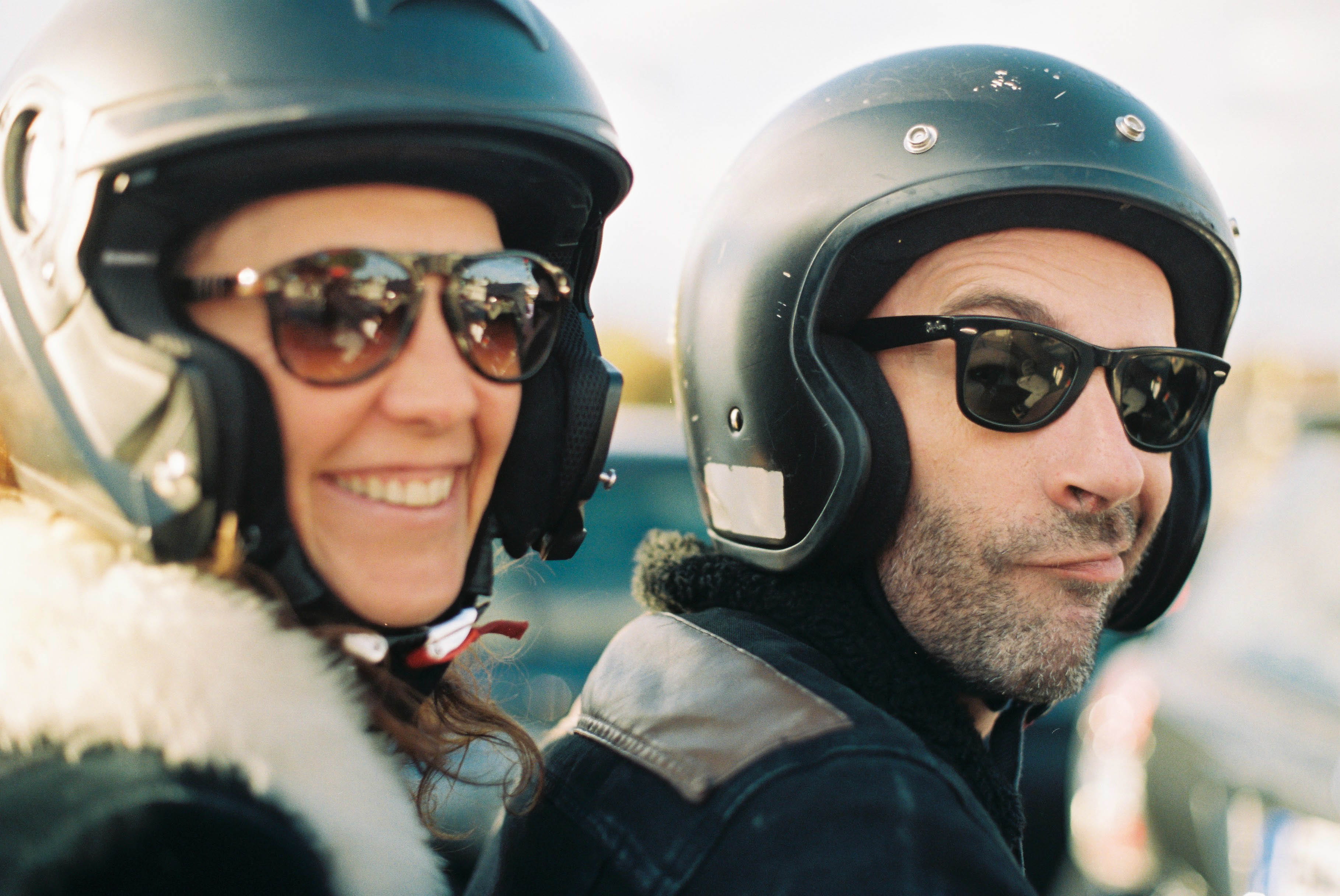 mohin, looking at camera, wearing, crash helmet, outdoors, sport, 2K, males, person, motoristum, smiling, woman, men, two people, portrait, riding, bikers, HD Wallpaper