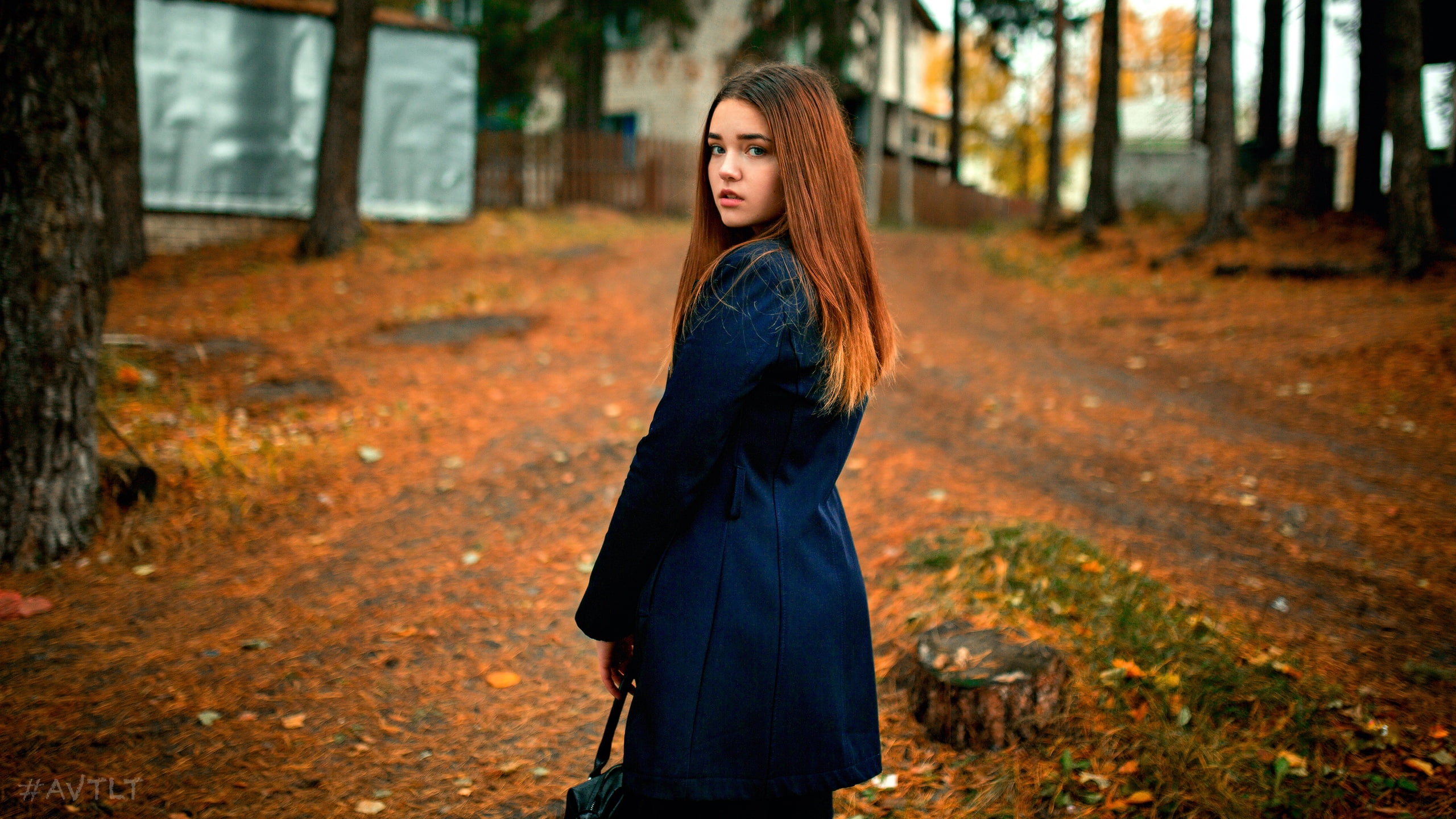 trees, handbags, hairstyle, women, straight hair, tree, fashion, looking at viewer, looking over shoulder, young women, photography, autumn, young adult, HD Wallpaper