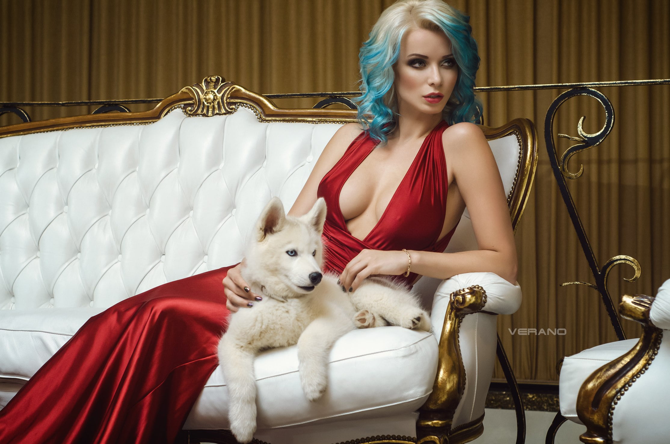 model, pose, 1080P, style, blue hair, husky, neckline, Nikolas Verano, red dress, puppy, Catherine Tokaeva, girl, dog, Nicolas Verano, HD Wallpaper