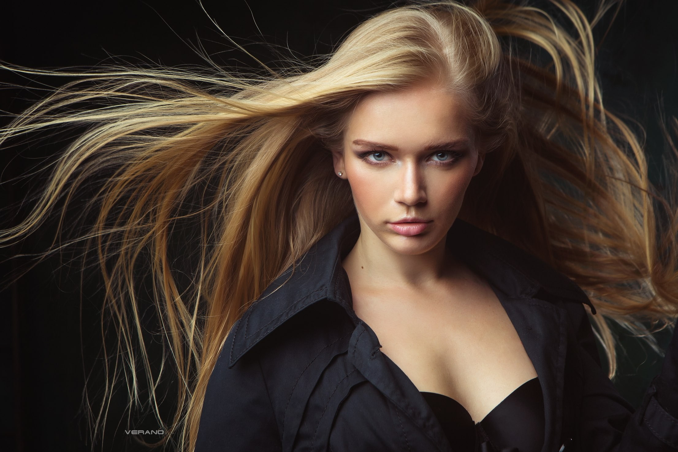 women, Nikolas Verano, blue eyes, black coat, model, Yulia Vasilieva, black bras, straight hair, 1080P, looking at viewer, long hair, portrait, simple, HD Wallpaper