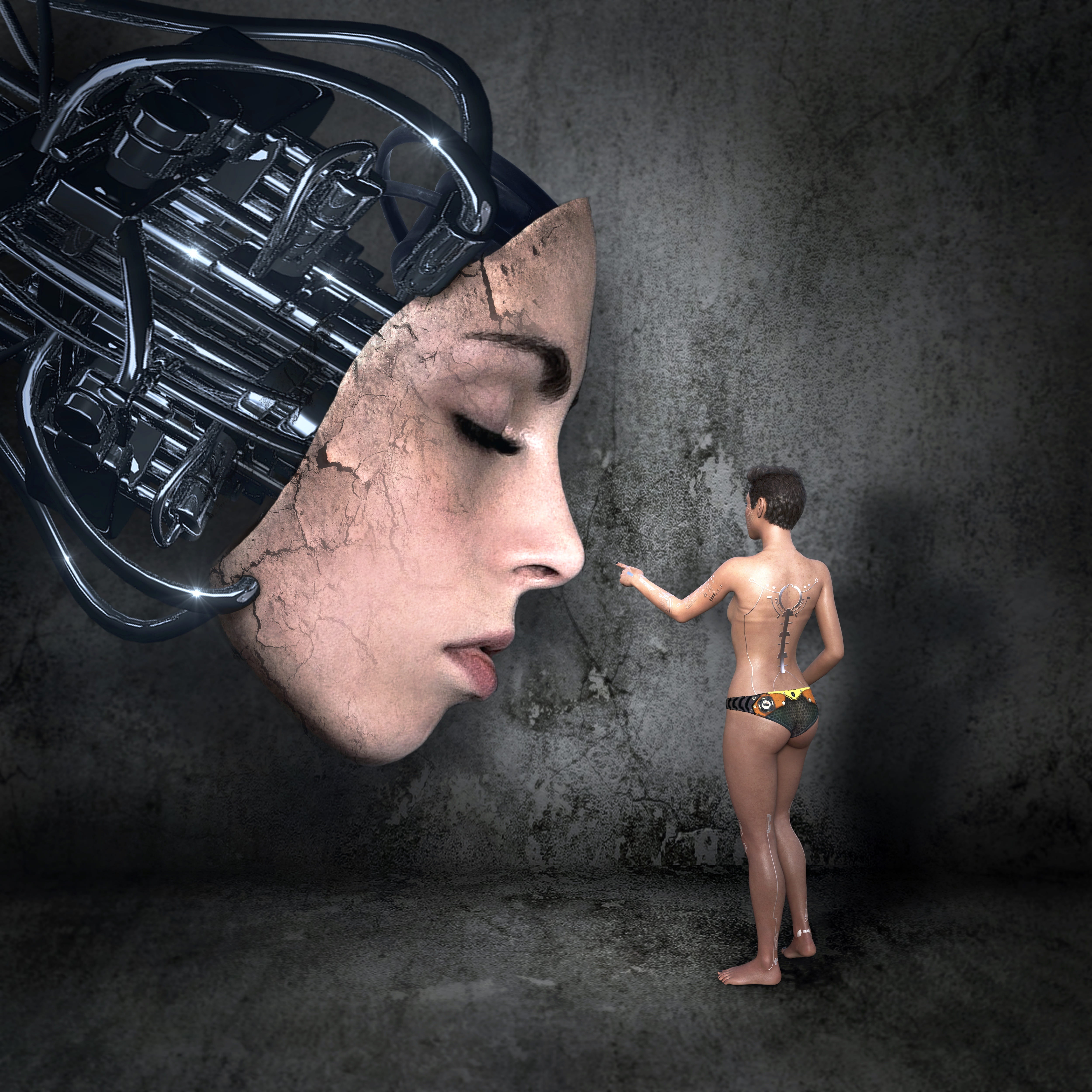 portrait, full length, shirtless, standing, wall - building feature, studio shot, girl, futuristic, fantasy, mysterious, biomechanically, 4K, cd cover, Phone HD Wallpaper
