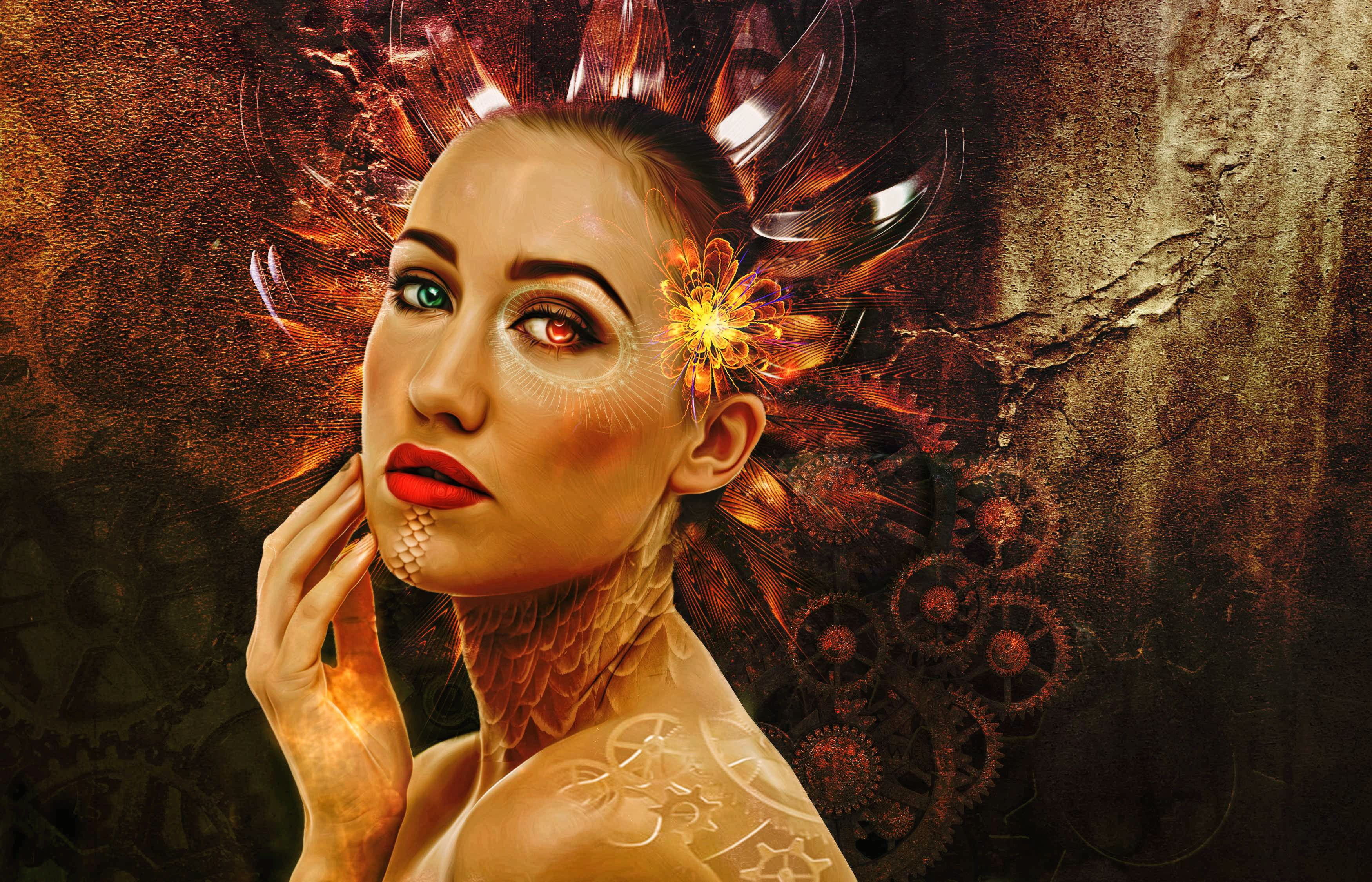 elegance, adult, fashion, hairstyle, female, lipstick, biomechanical, sci-fi, portrait, glamour, beauty, hair, futuristic, indoors, headshot, painting, HD Wallpaper