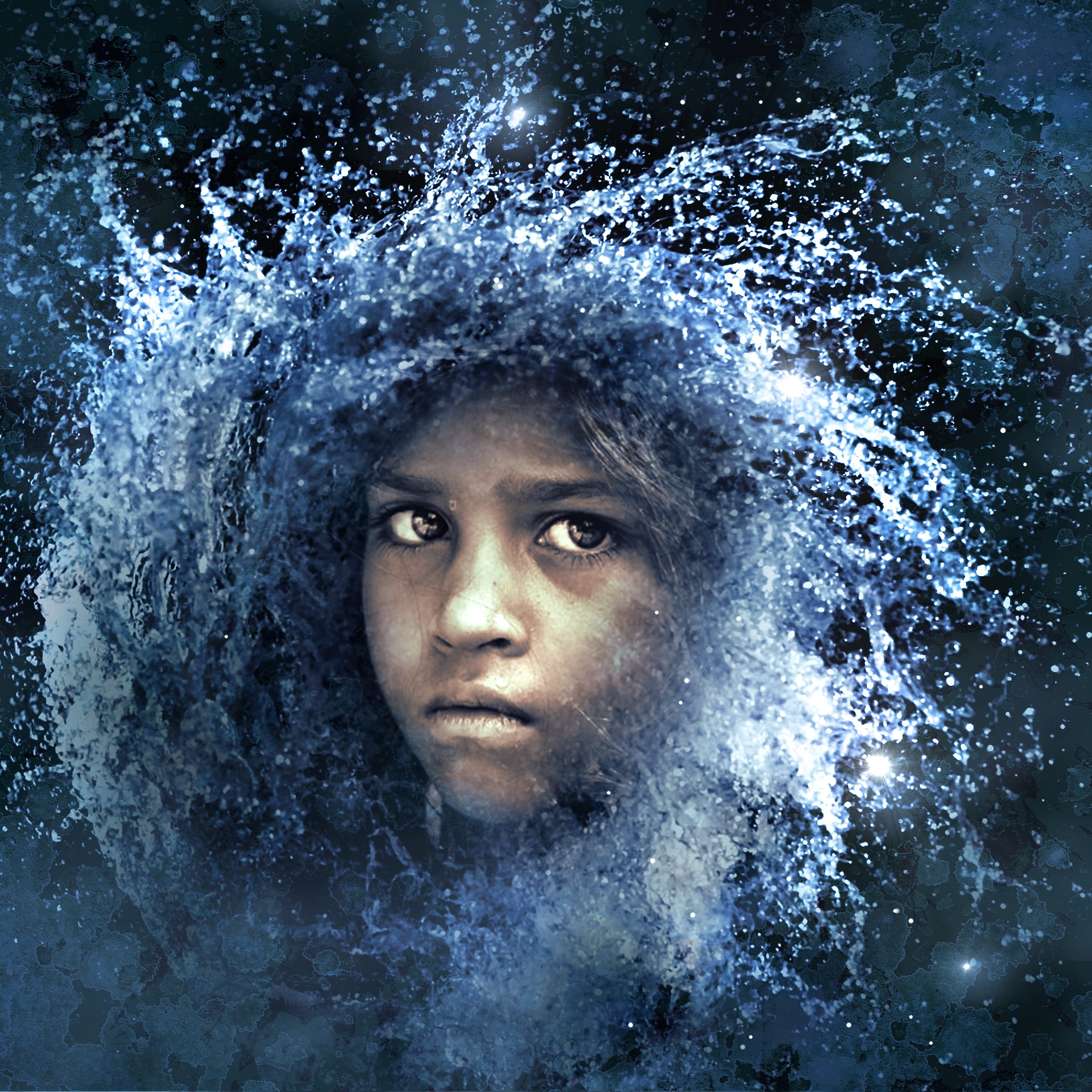 photo montage, blue, human face, inject, water, dynamic, fantastic, music, beautiful woman, black background, studio shot, looking, outline, rotation, body part, Phone HD Wallpaper