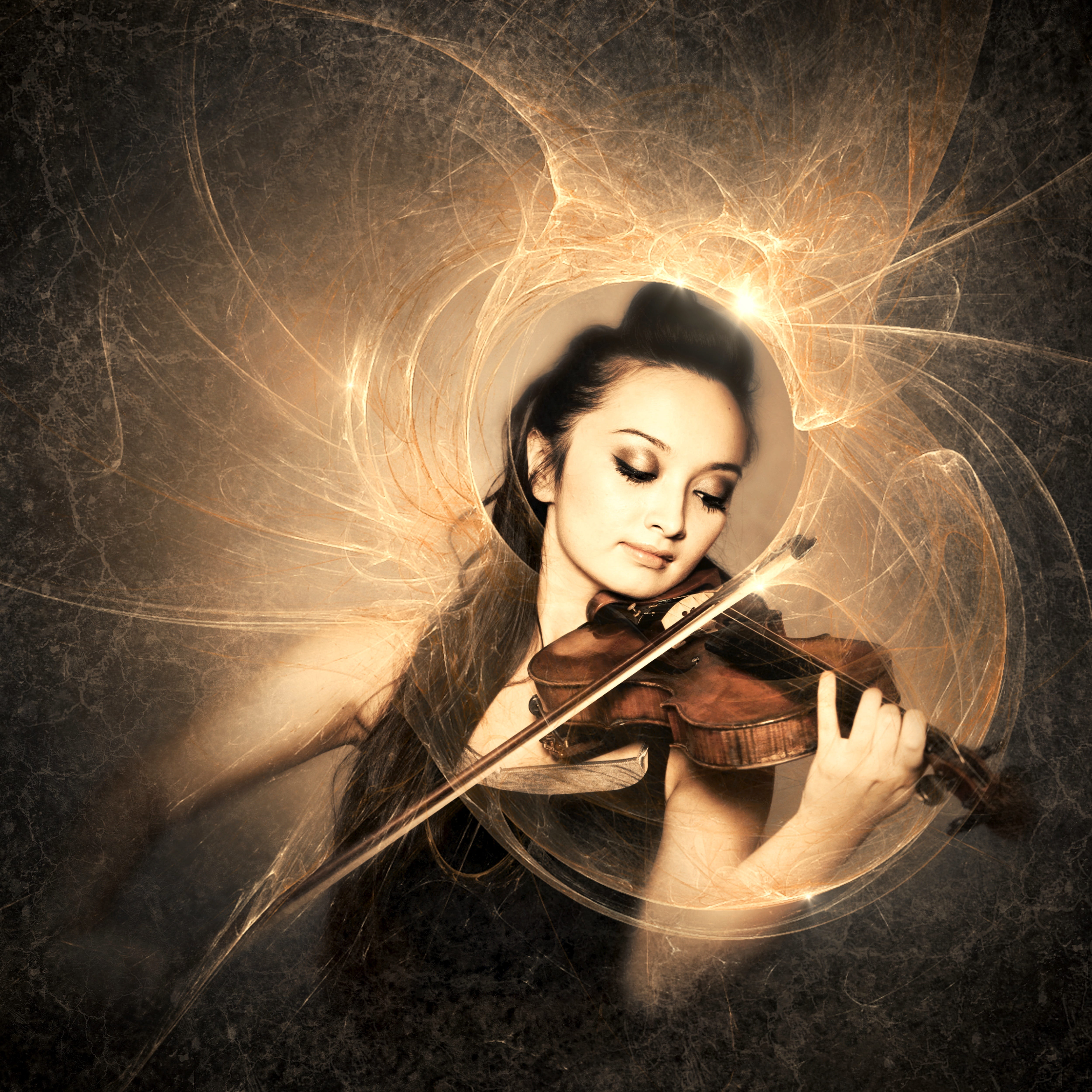 hairstyle, digital composite, photomontage, atmosphere, girl, fantasy, violin, women, beautiful, adult, fantastic, one person, 4K, composing, illuminated, Phone HD Wallpaper