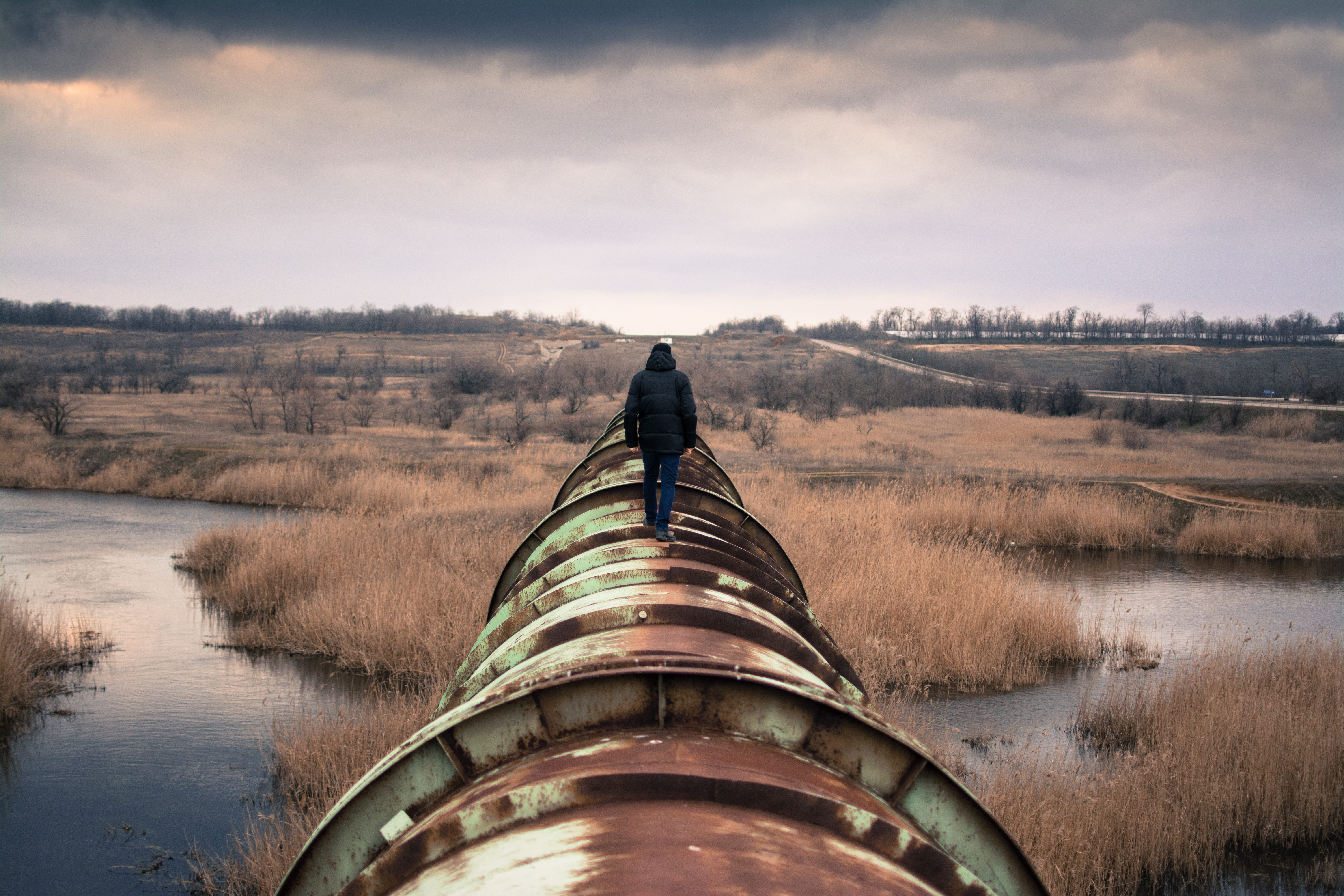 landscape, person, built structure, sky, steel, big, change, tube, outdoors, scenics - nature, cloud - sky, metal, walking, water, mode of transportation, HD Wallpaper