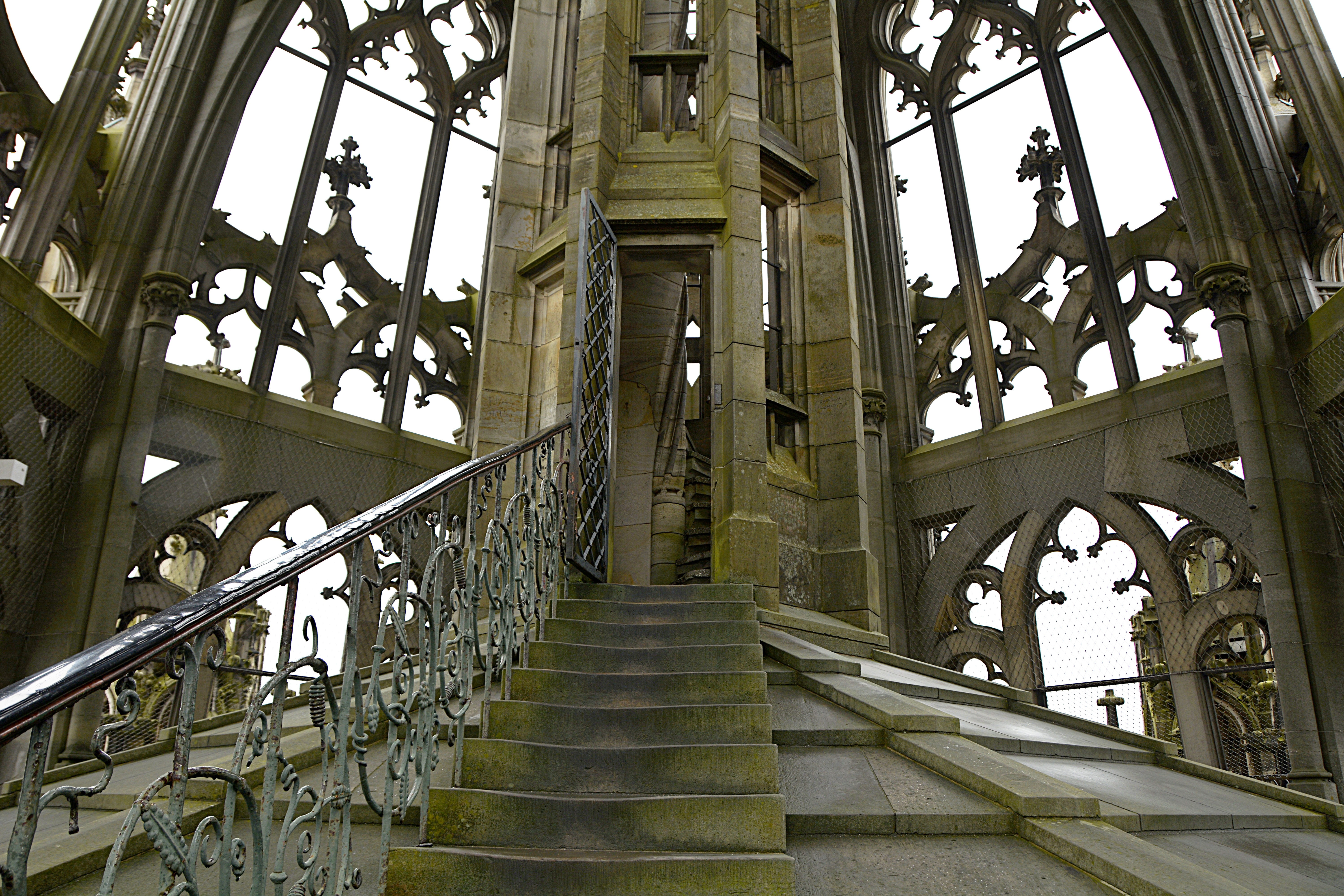 window, built structure, pillar, no people, münster, arch, gothic, 5K, arcades, architecture, staircase, railing, steps and staircases, day, concrete, HD Wallpaper