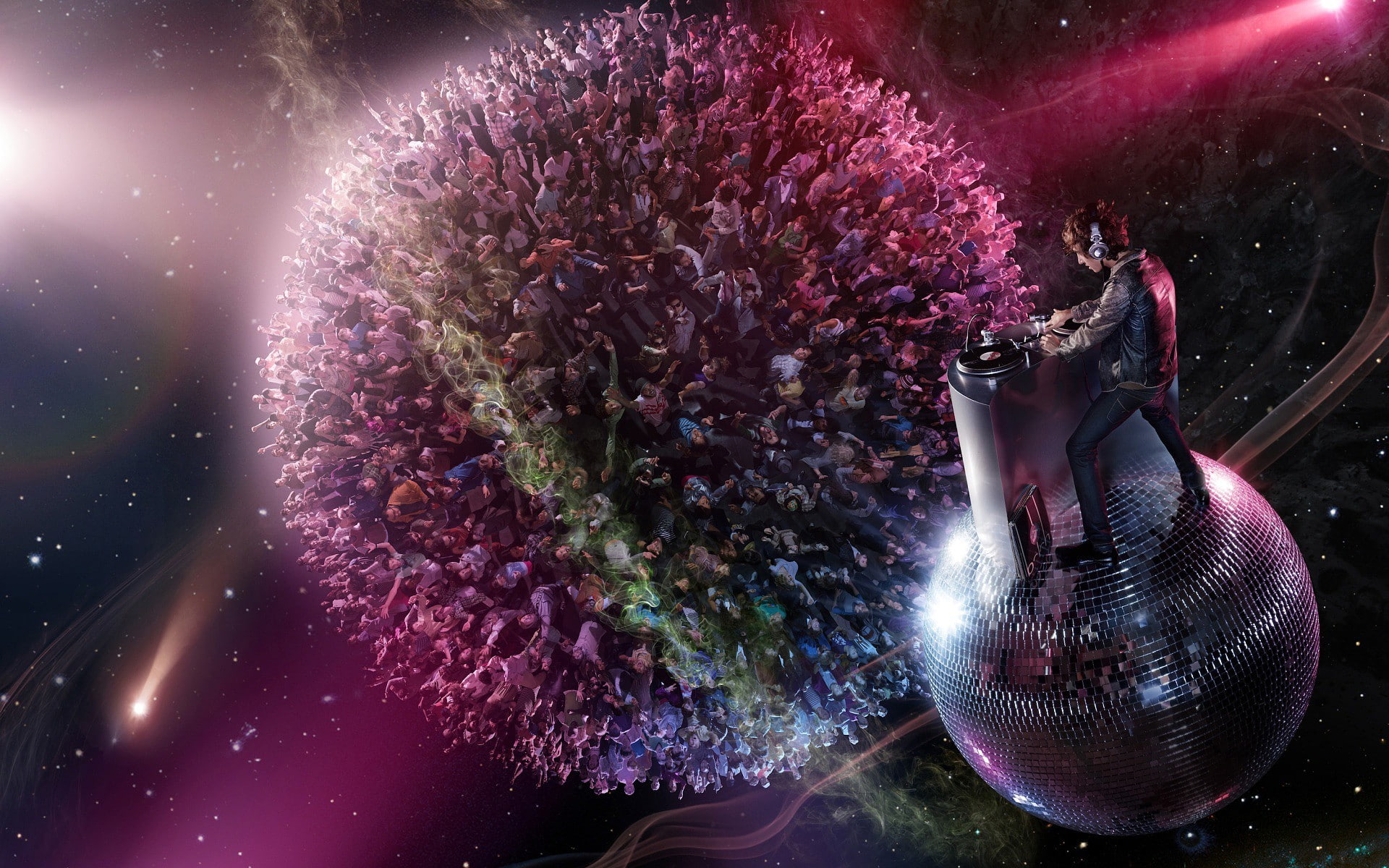 digital art, crowds, disco balls, music, 1080P, HD Wallpaper