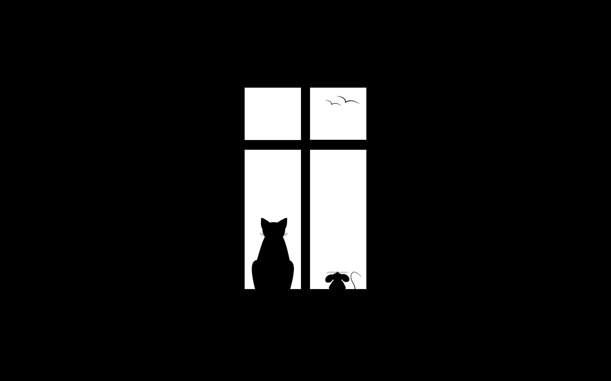 leisure activity, architecture, lifestyles, two people, real people, indoors, nature, silhouette, day, one animal, people, standing, copy space, men, minimalism artwork black background animals black white cat birds, HD Wallpaper
