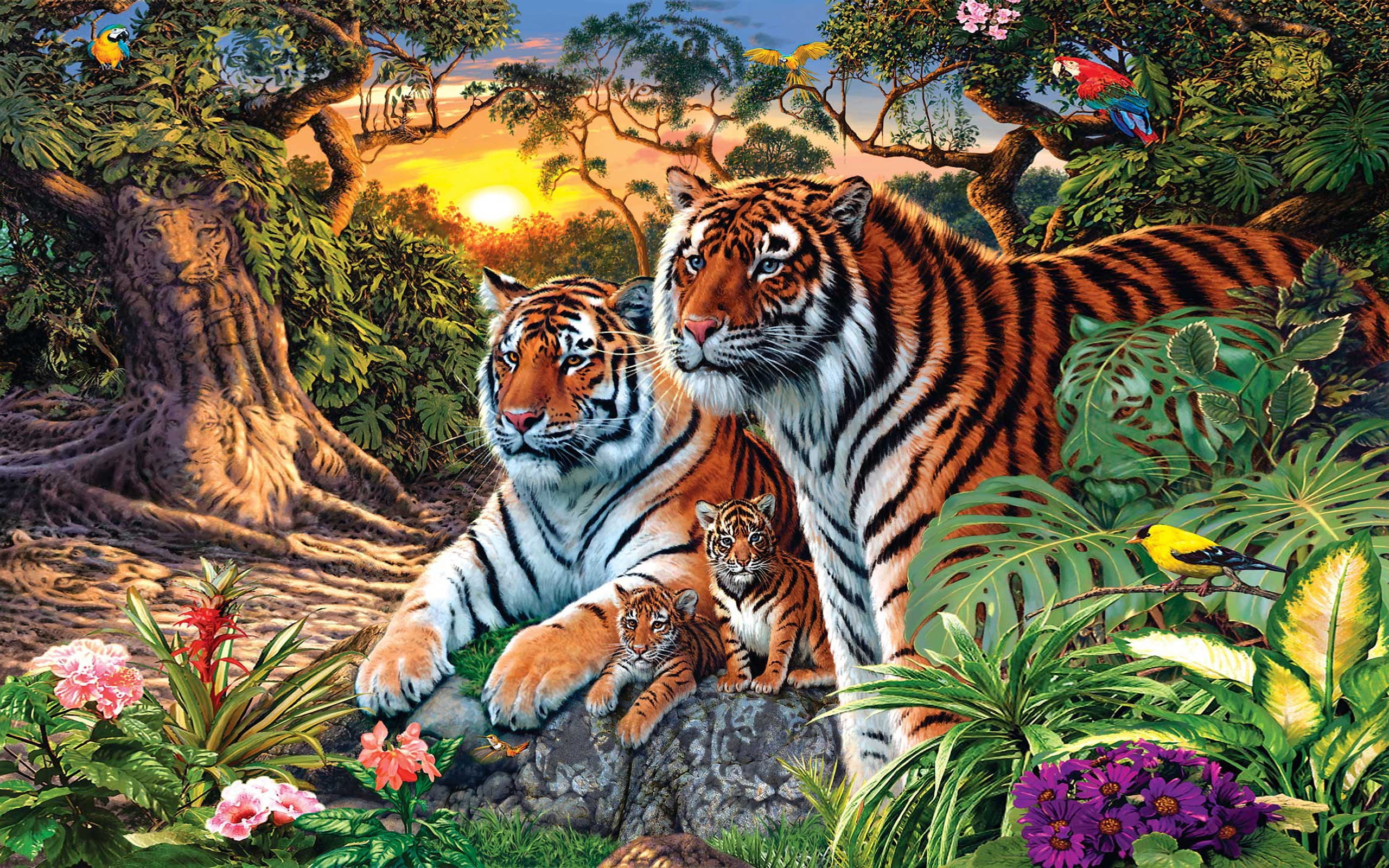 Forest, Big Cat, Cats, Tiger, Bird, 2K, Artistic, predator (Animal), HD Wallpaper