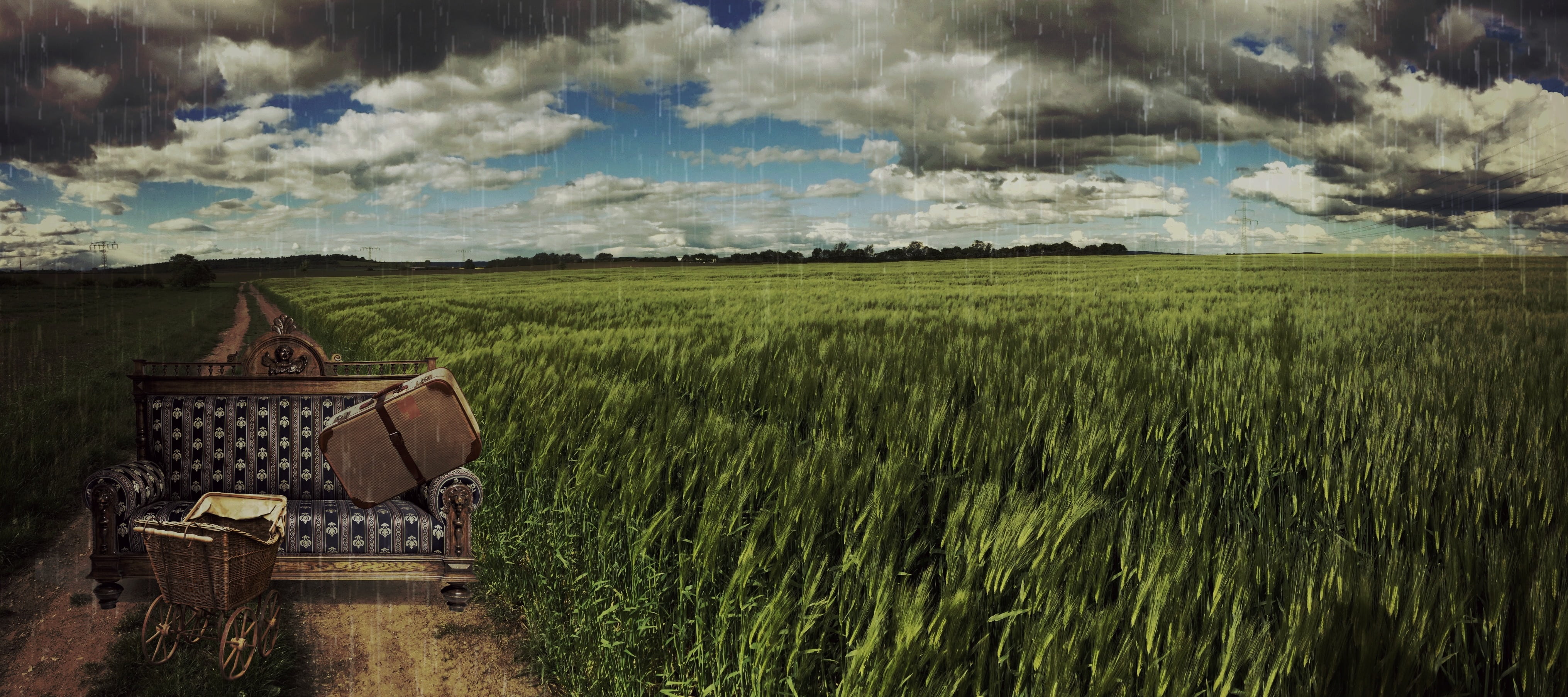 homeless, land, atmospheric, cloud - sky, rainy weather, scenics, grass, distributors, tranquil scene, field, fantasy, composing, rain clouds, tranquility, HD Wallpaper