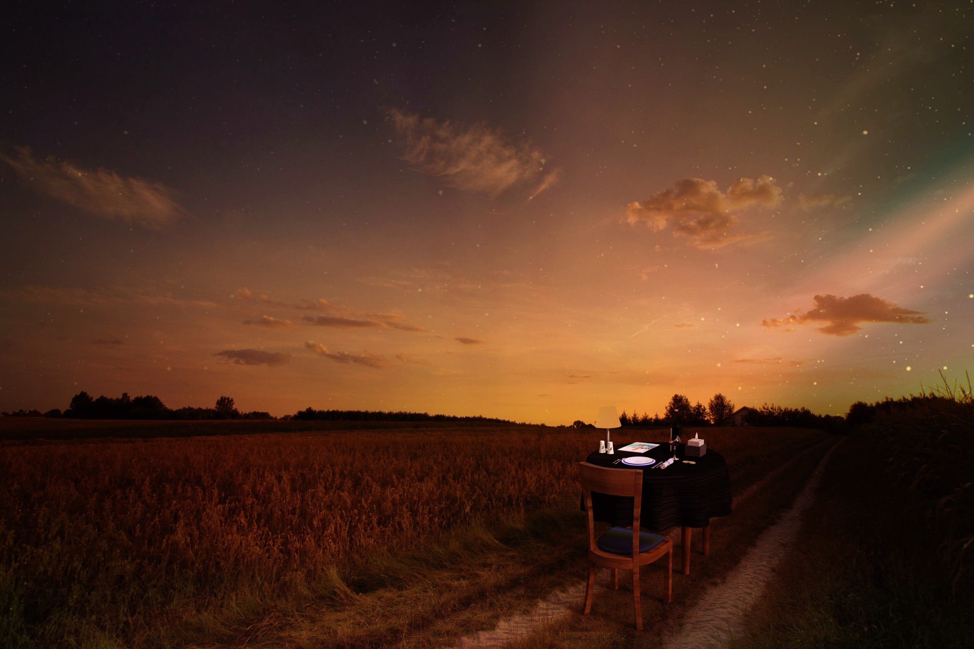 table, star - space, scenics - nature, environment, rural scene, abendstimmung, evening, tranquility, romantic, digiart, cornfield, dusk, landscape, evening sky, HD Wallpaper