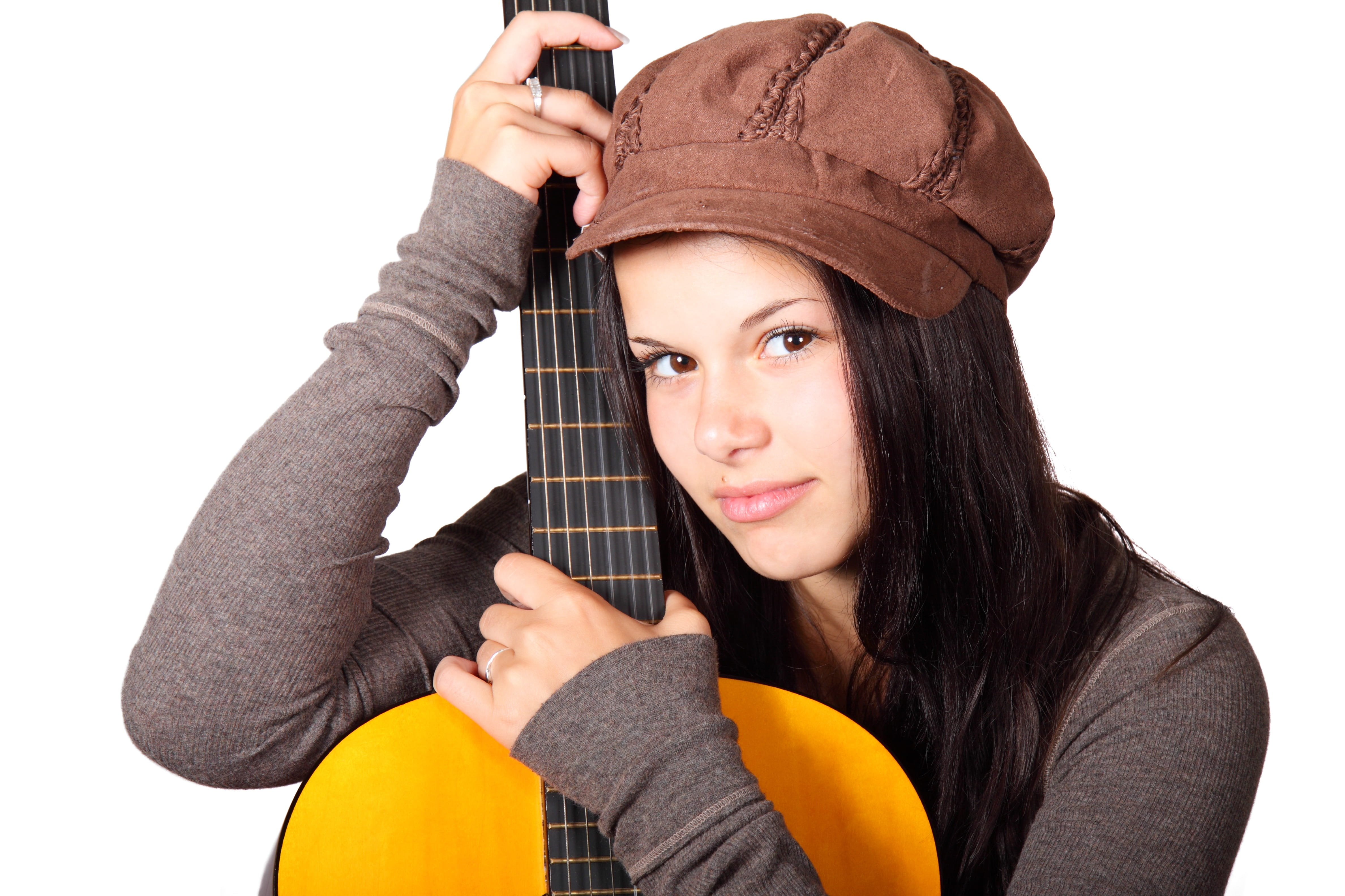 people, hat, woman, only women, leisure activity, cap, clothing, one woman only, cut out, holding, gray, beautiful woman, guitarist, looking at camera, HD Wallpaper