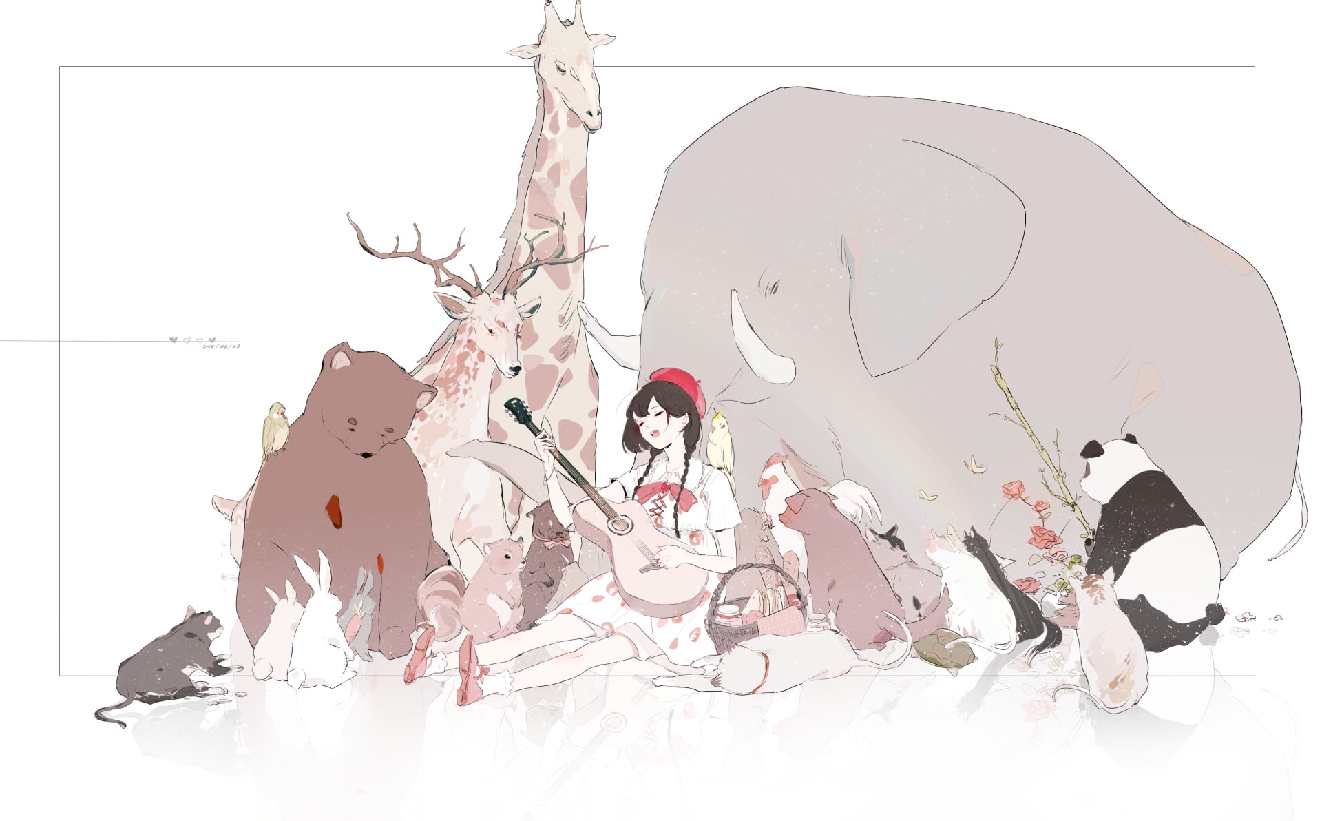 Original, Cap, Panda, Elephant, Cat, Bird, 1080P, Giraffe, Deer, Bear, Rabbit, Braid, Long Hair, Brown Hair, Anime, Dog, Guitar, HD Wallpaper