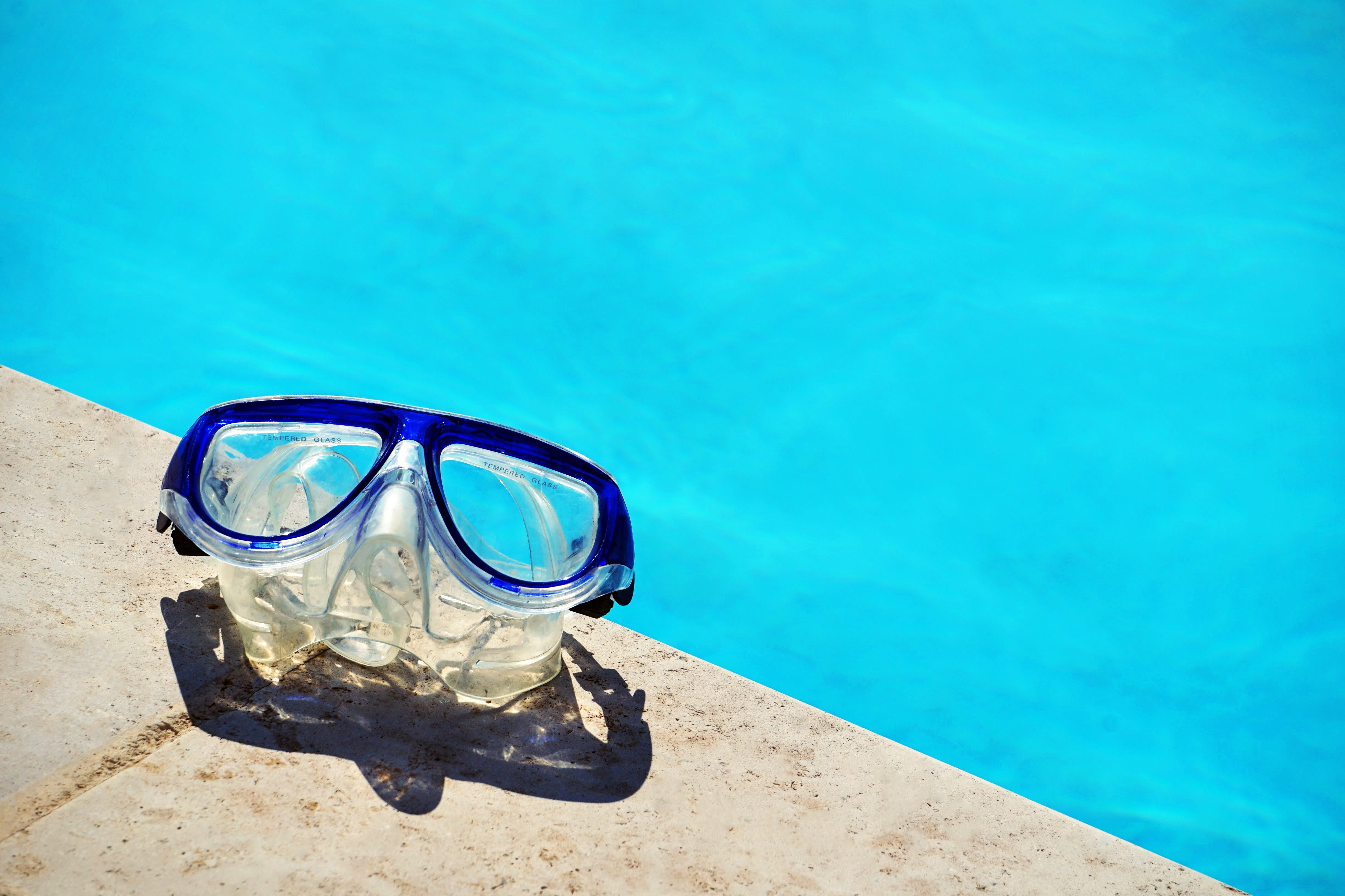 eyewear, blue, transparent, goggles, close-up, vacations, poolside, 4K, outdoors, nature, water, swimming pool, swimming, turquoise colored, reflection, HD Wallpaper
