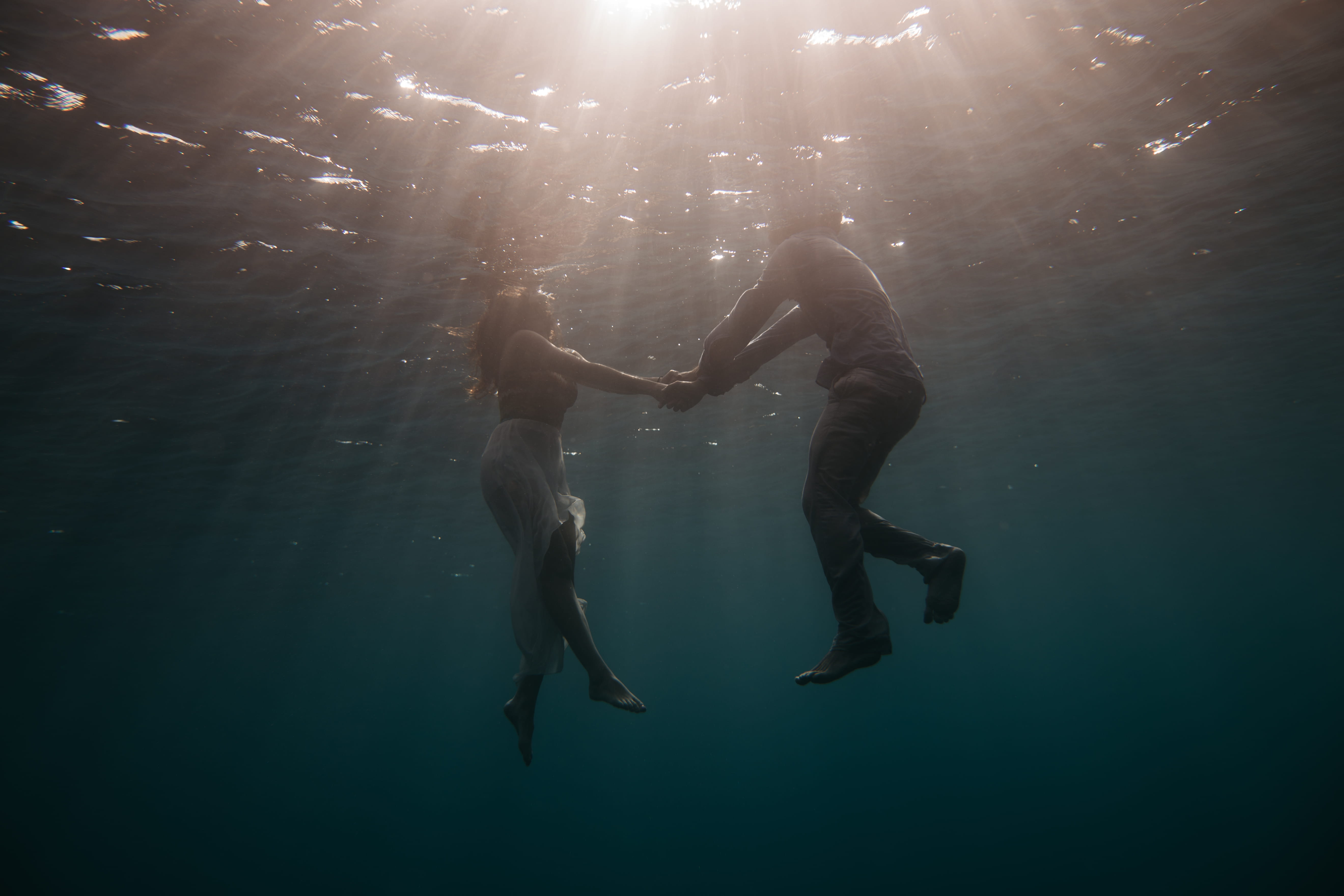 two people, togetherness, clothing, elopment, lifestyles, sea, couple, nature, love, man, ocean, men, bodies, hands, afloat, day, sunlight, arms raised, HD Wallpaper