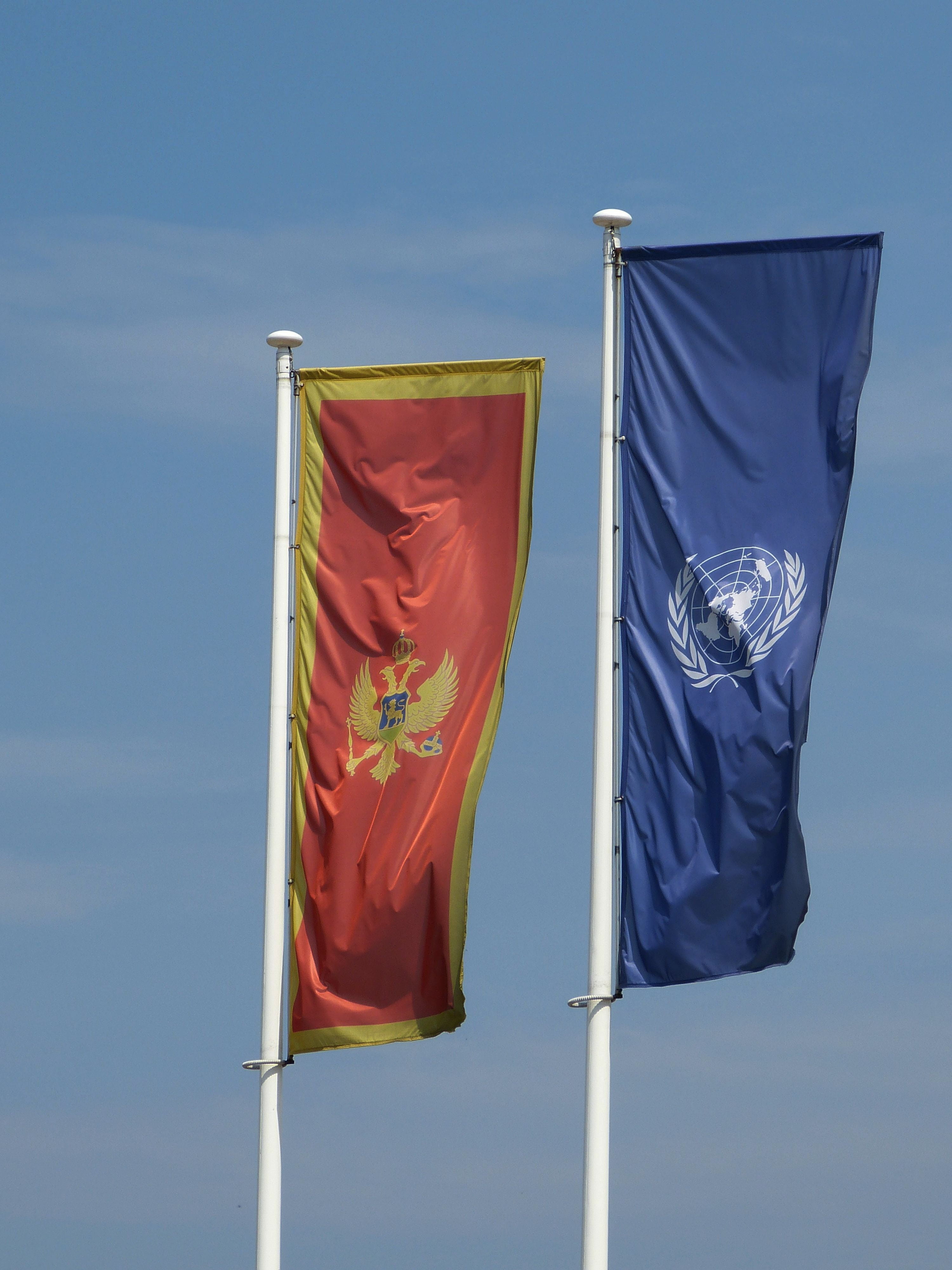waving, balkan, sunlight, day, wind, 4K, red, nature, pride, textile, environment, no people, blue, patriotism, montenegro, emotion, low angle view, flag, Phone HD Wallpaper