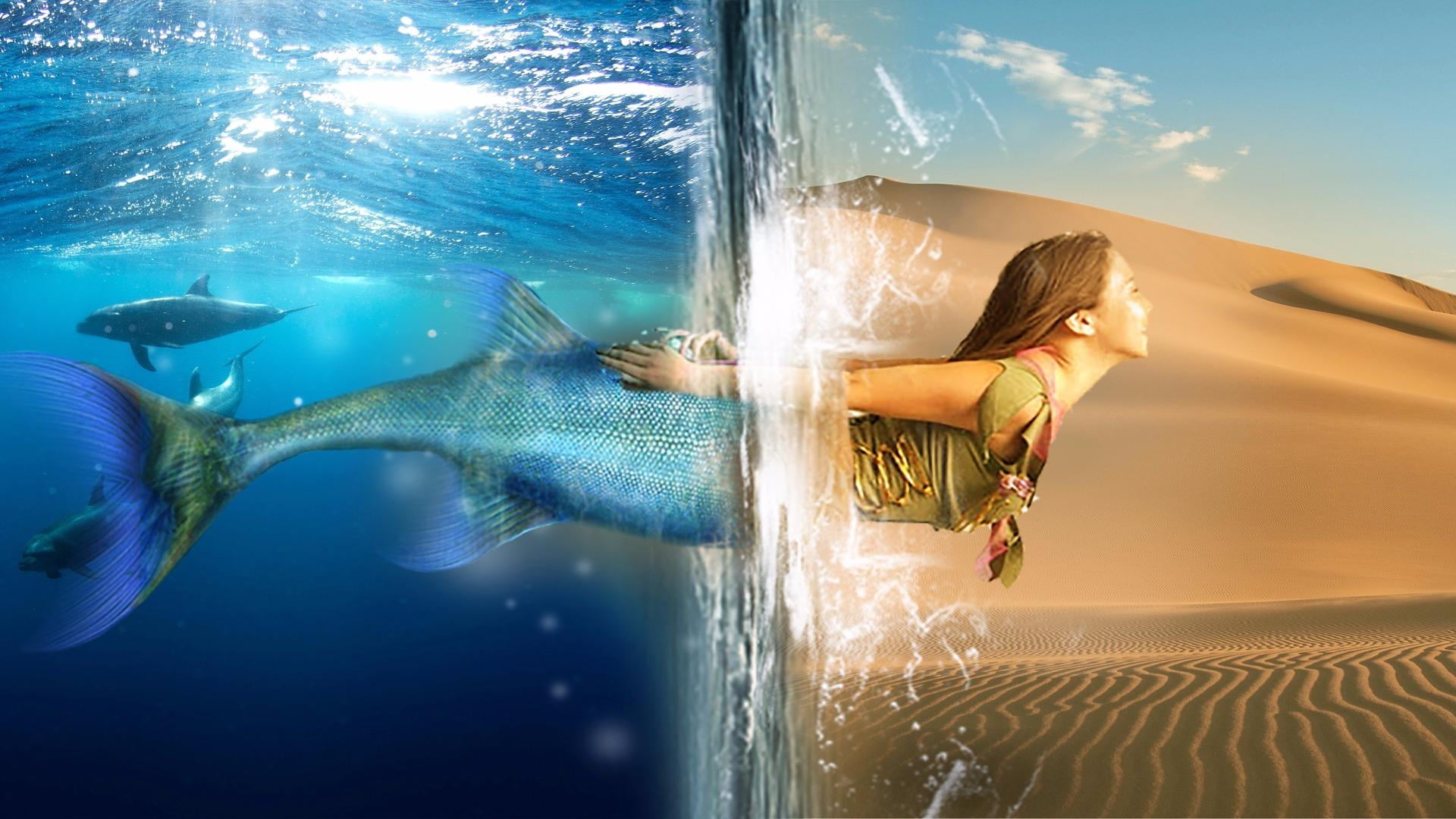 underwater, water, one person, sand, adult, 1080P, nature, through, lifestyles, mermaid, nymph, desert, digital art, sea, fantasy art, animals in the wild, HD Wallpaper