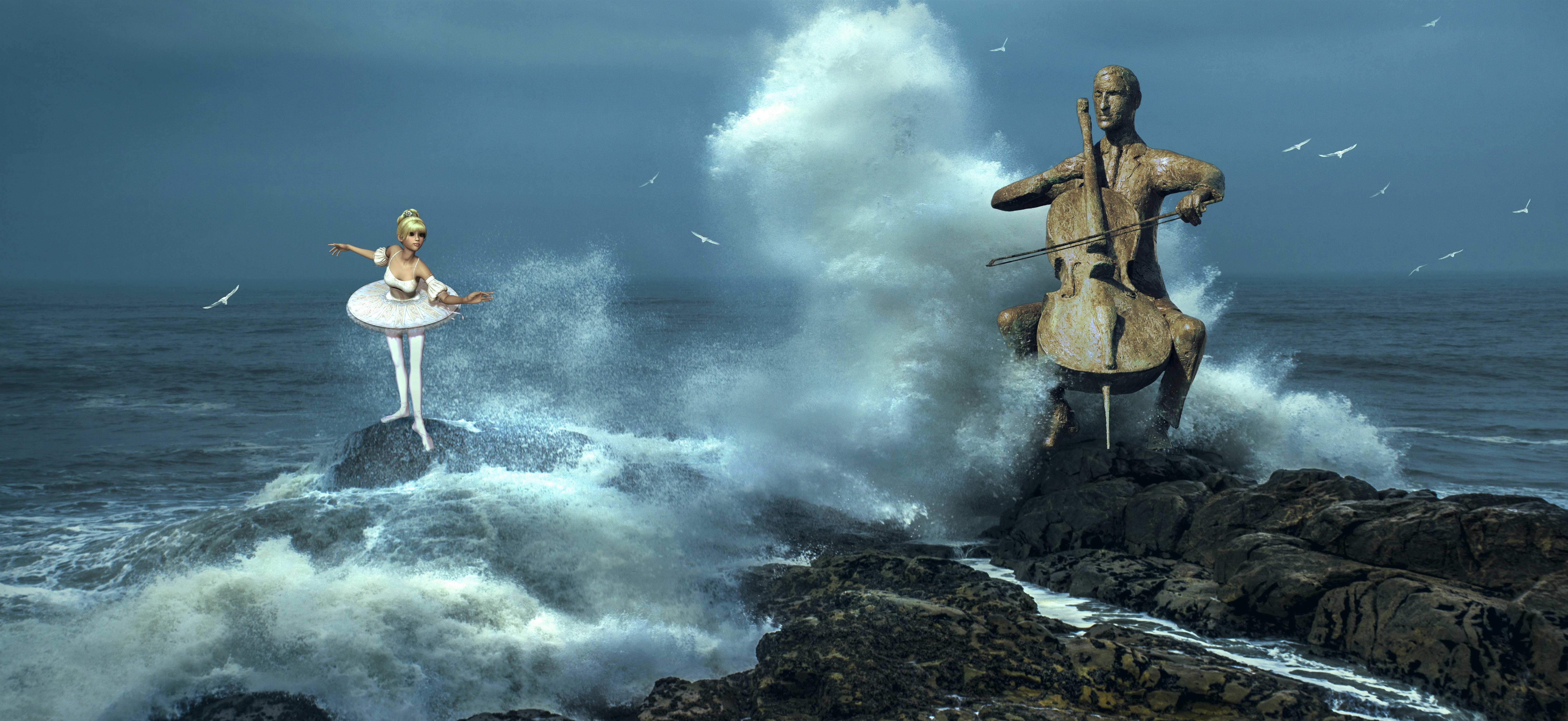 nature, ocean, splashing, light, instrument, full length, power, power in nature, solid, 5K, ballet, water, girl, stones, beach, spray, cello, photomontage, HD Wallpaper