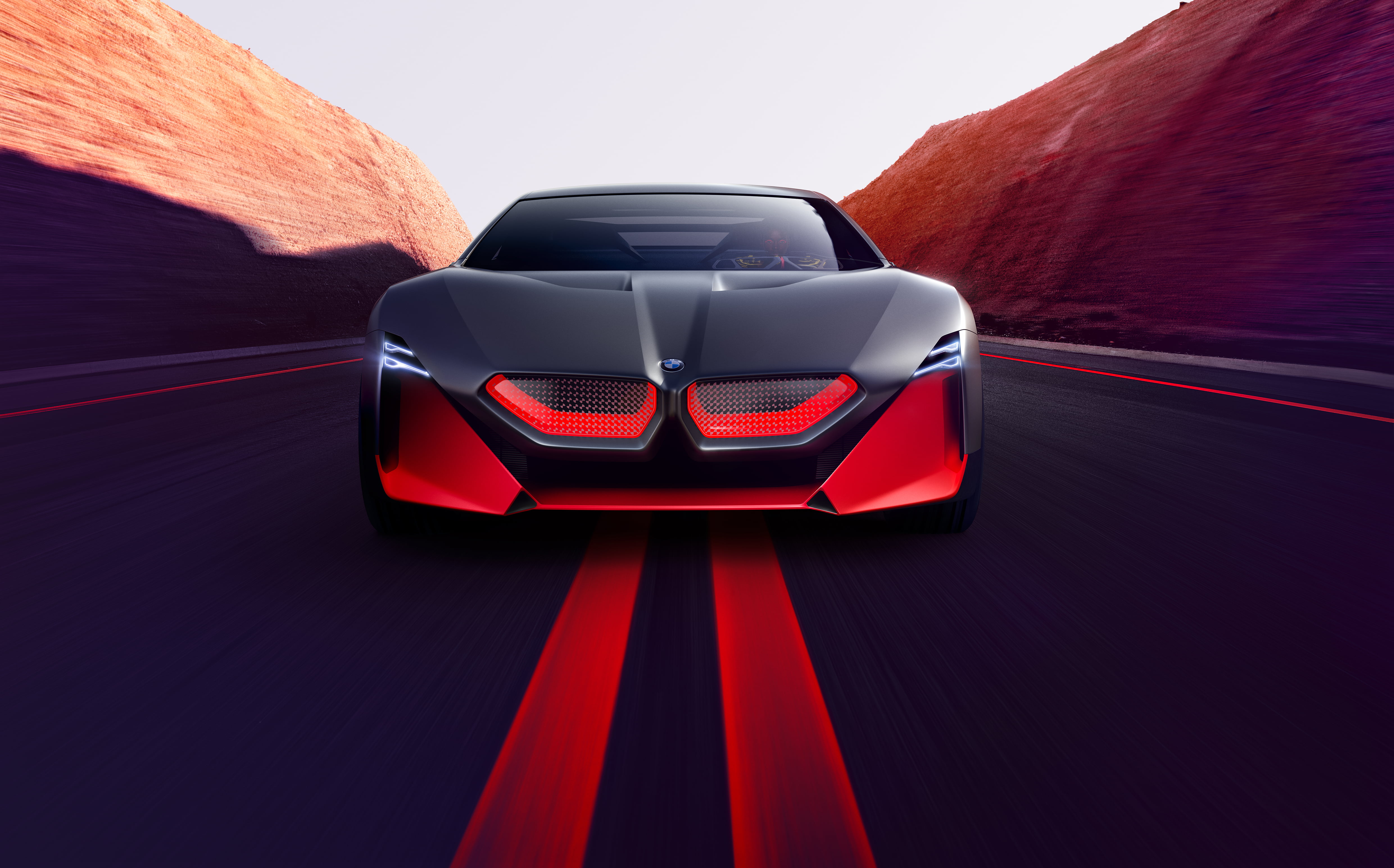 photomontage, transport, artwork, red, sun rays, vehicle, road, 4K, car, lights, concept cars, BMW Vision, BMW Vision M NEXT, BMW, supercars, sports car, HD Wallpaper