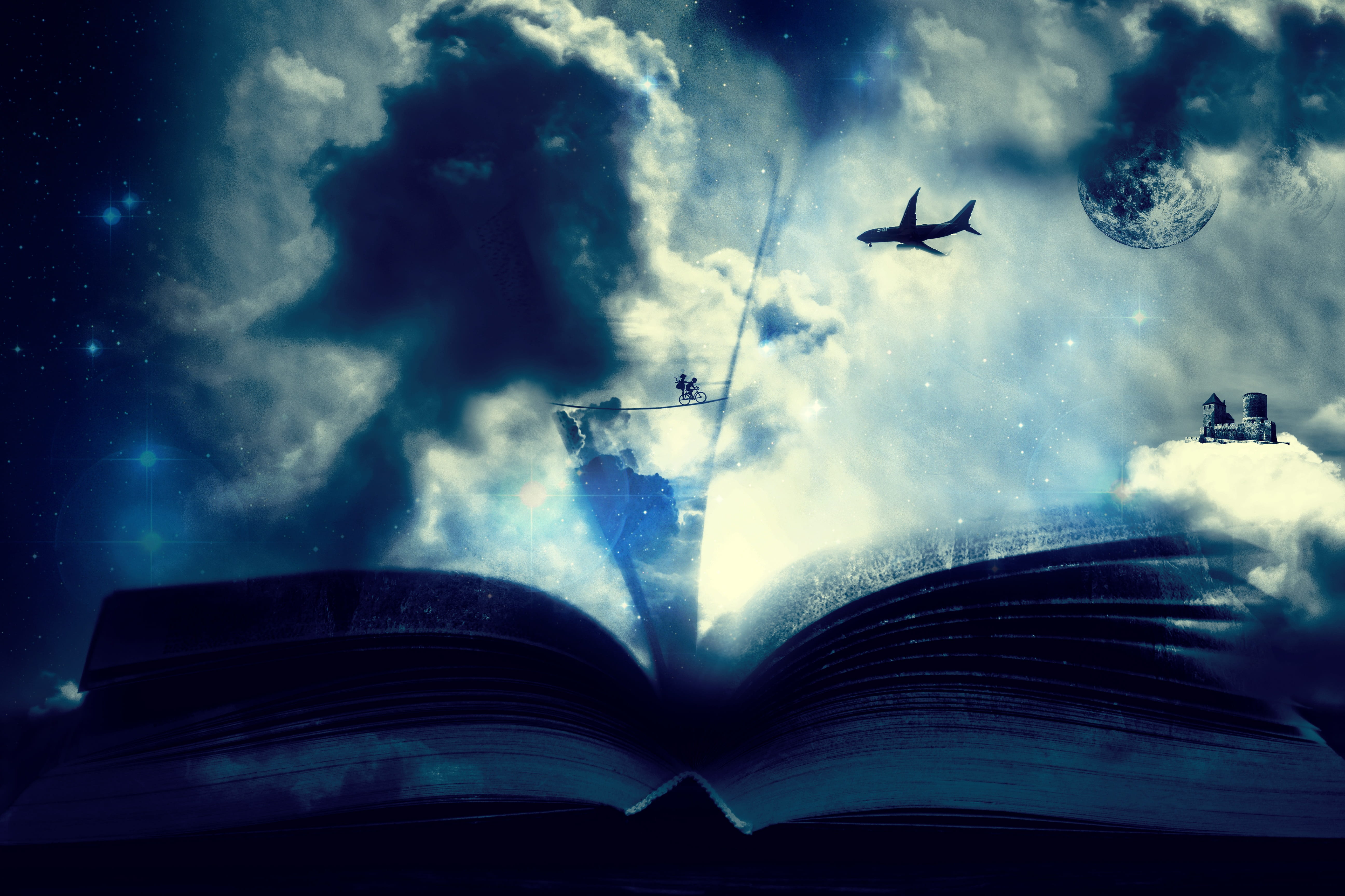 animal, cloud - sky, bird, digital composite, sky, low angle view, painting, animals in the wild, architecture, group of animals, reading, art, fantasy, HD Wallpaper