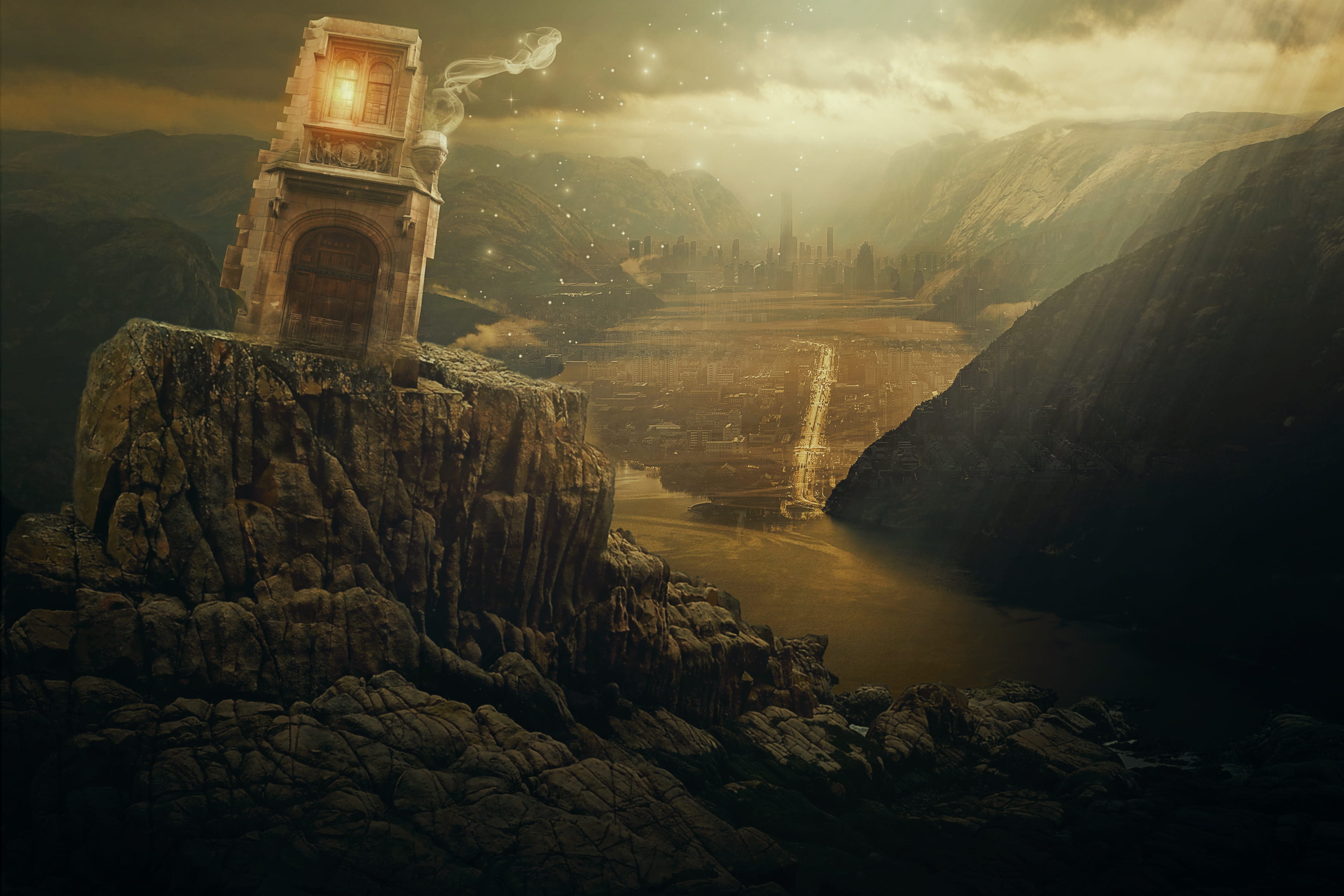 mysterious, 2K, travel destinations, travel, mystery, magic house, no people, photomontage, photoshop, house, sky, scenics - nature, fjord, eroded, history, HD Wallpaper