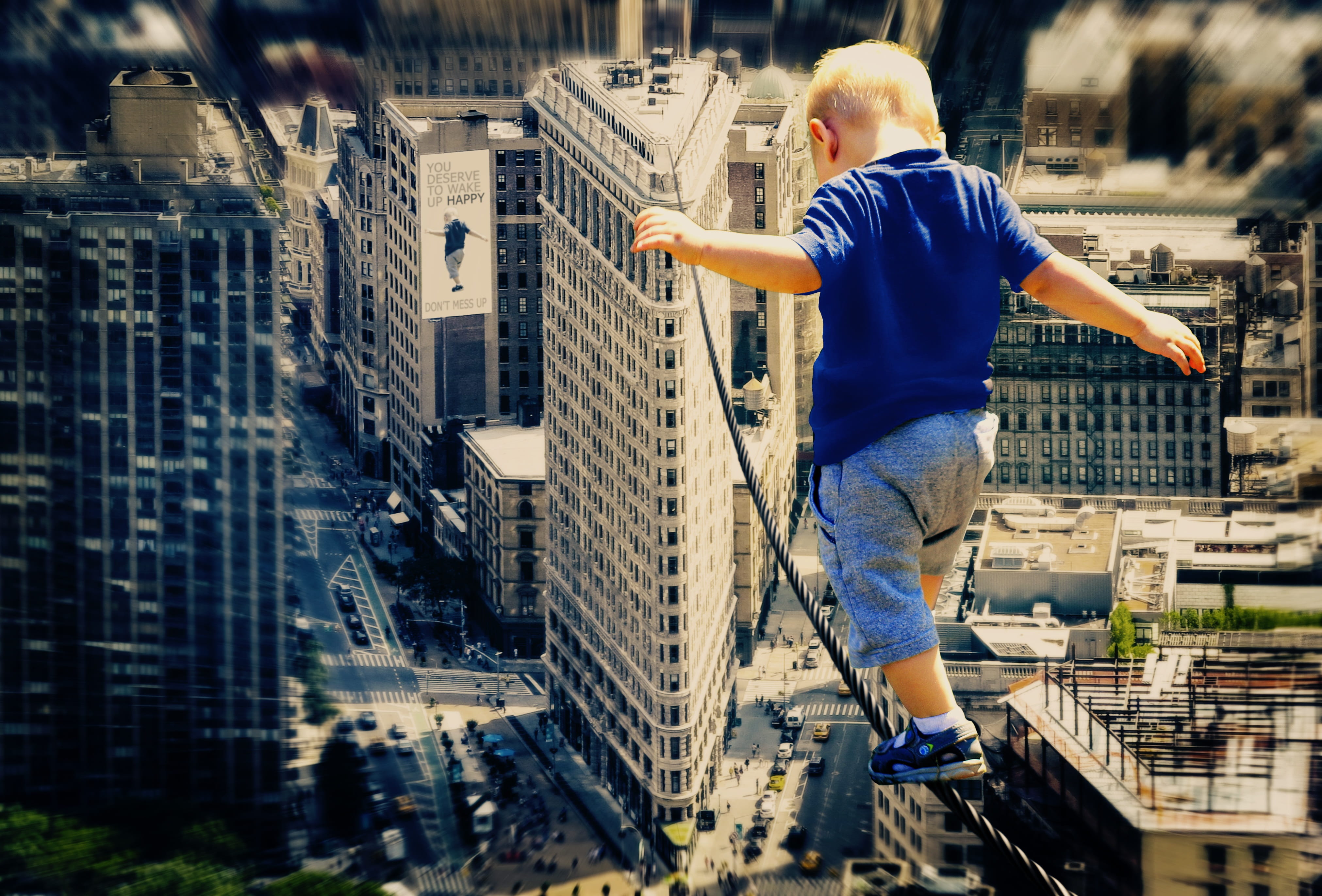 compositing, photomontage, city, audacity, fantasy, child, men, boy, cityscape, courage, rear view, casual clothing, architecture, residential district, HD Wallpaper