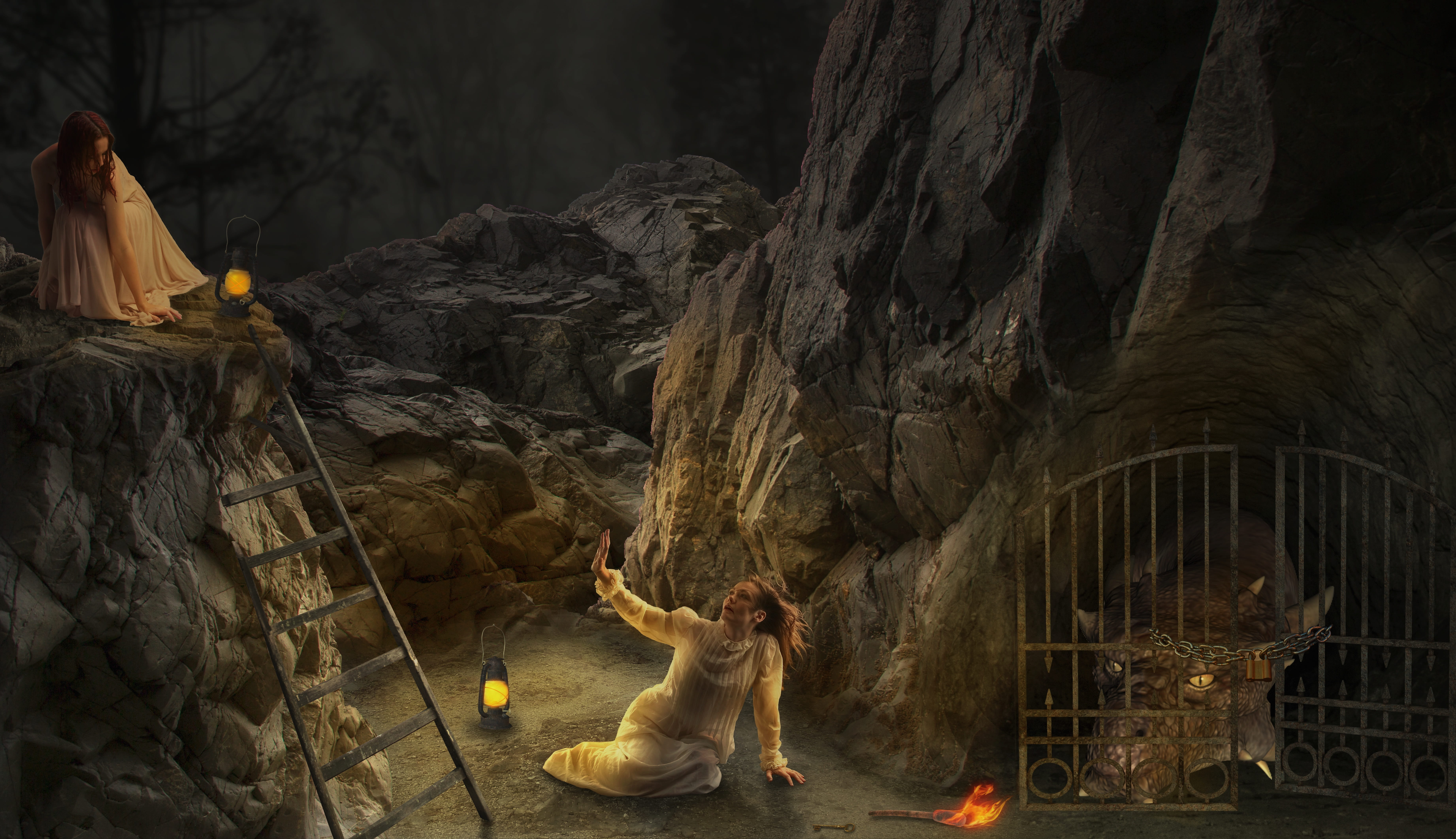 lamp, torch, hope, fire, lifestyles, woman, solid, head, light, dragons lair, fear, cave, fire - natural phenomenon, flame, photomontage, people, 5K, nature, HD Wallpaper