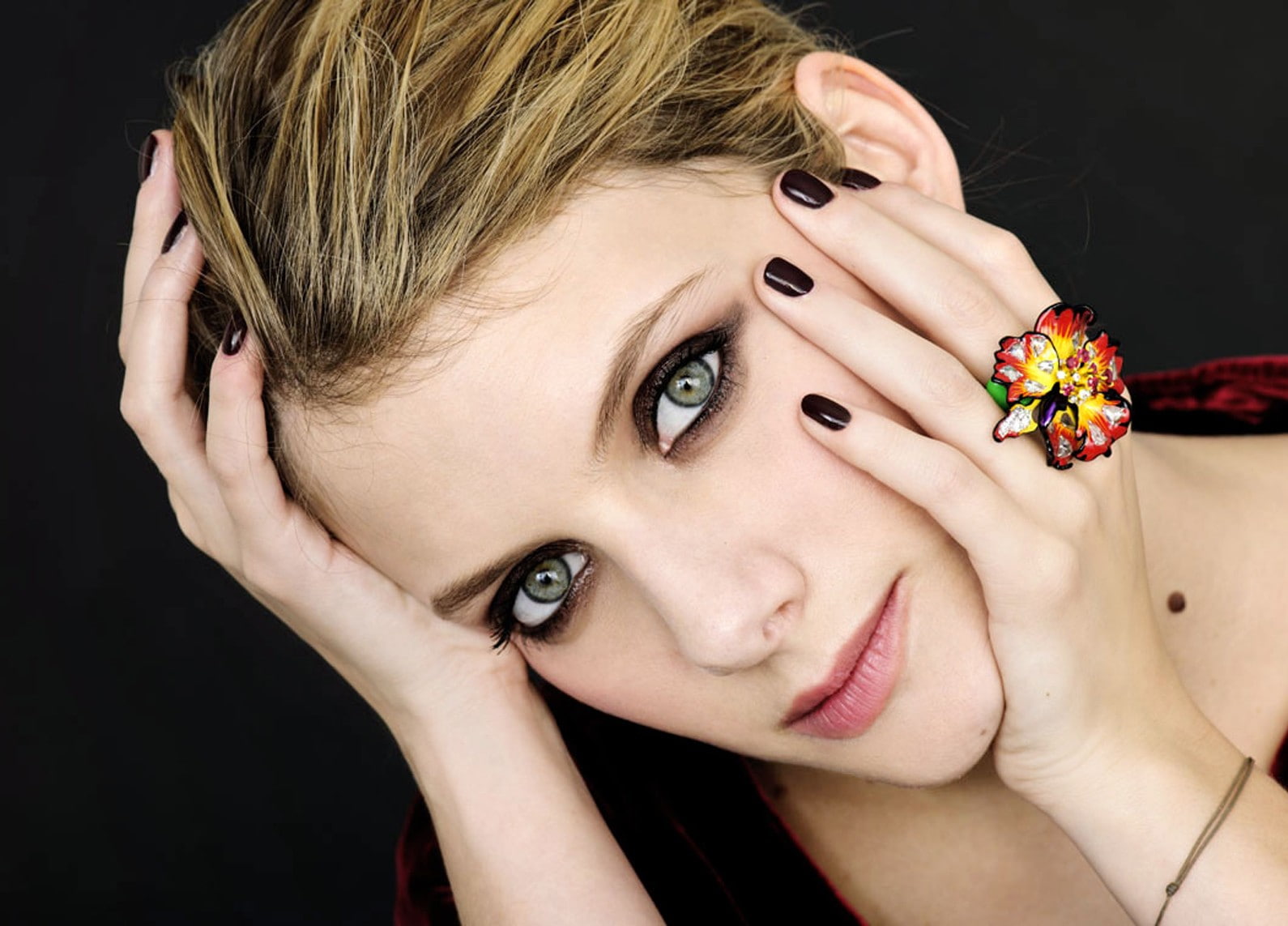 black background, hand, actress, adult, make-up, nail polish, headshot, nail, human body part, fashion, close-up, Mélanie Laurent, young women, studio shot, HD Wallpaper