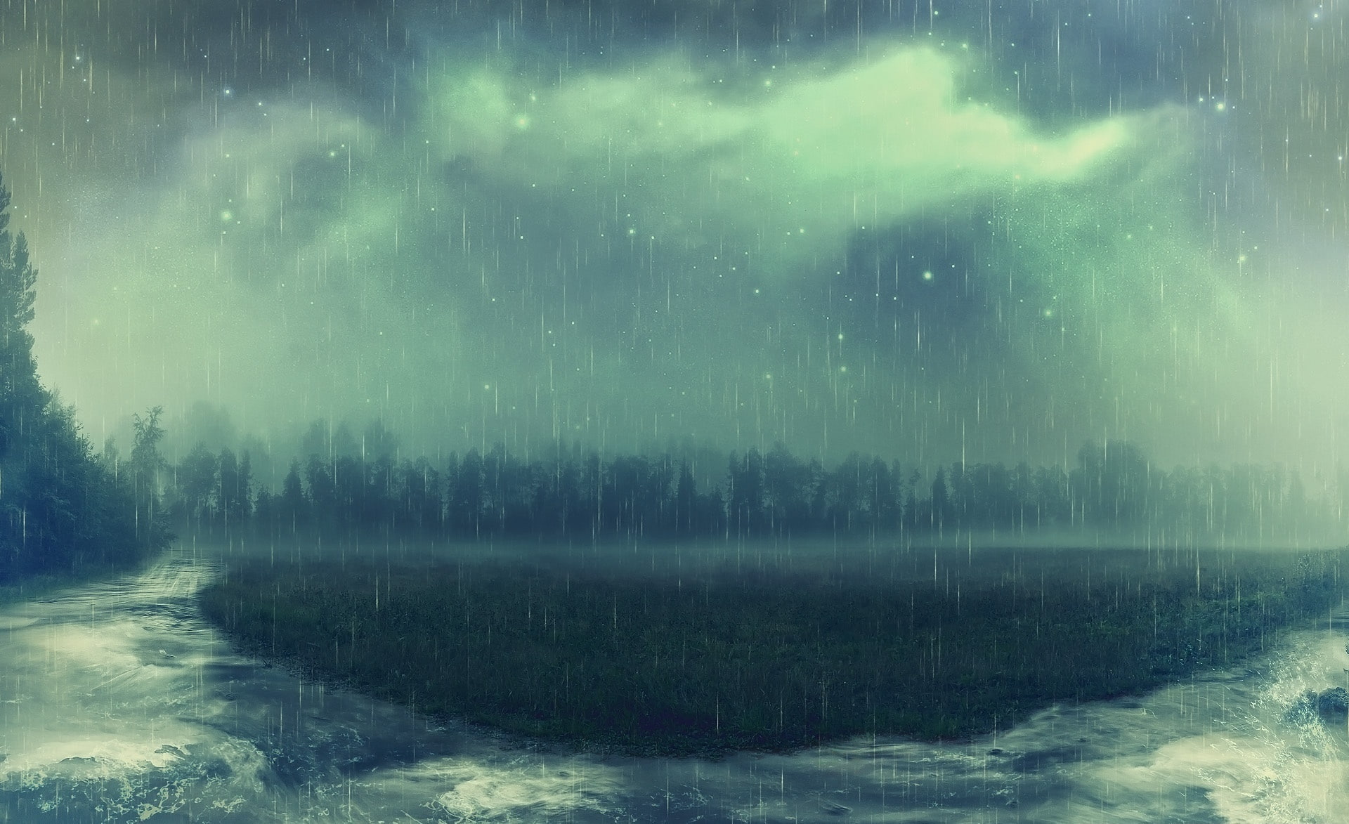 water, tranquil scene, astronomy, scenics - nature, Aero, snowing, tree, idyllic, outdoors, motion, star - space, night, downpour, Landscape, Nature, photo manipulation, HD Wallpaper