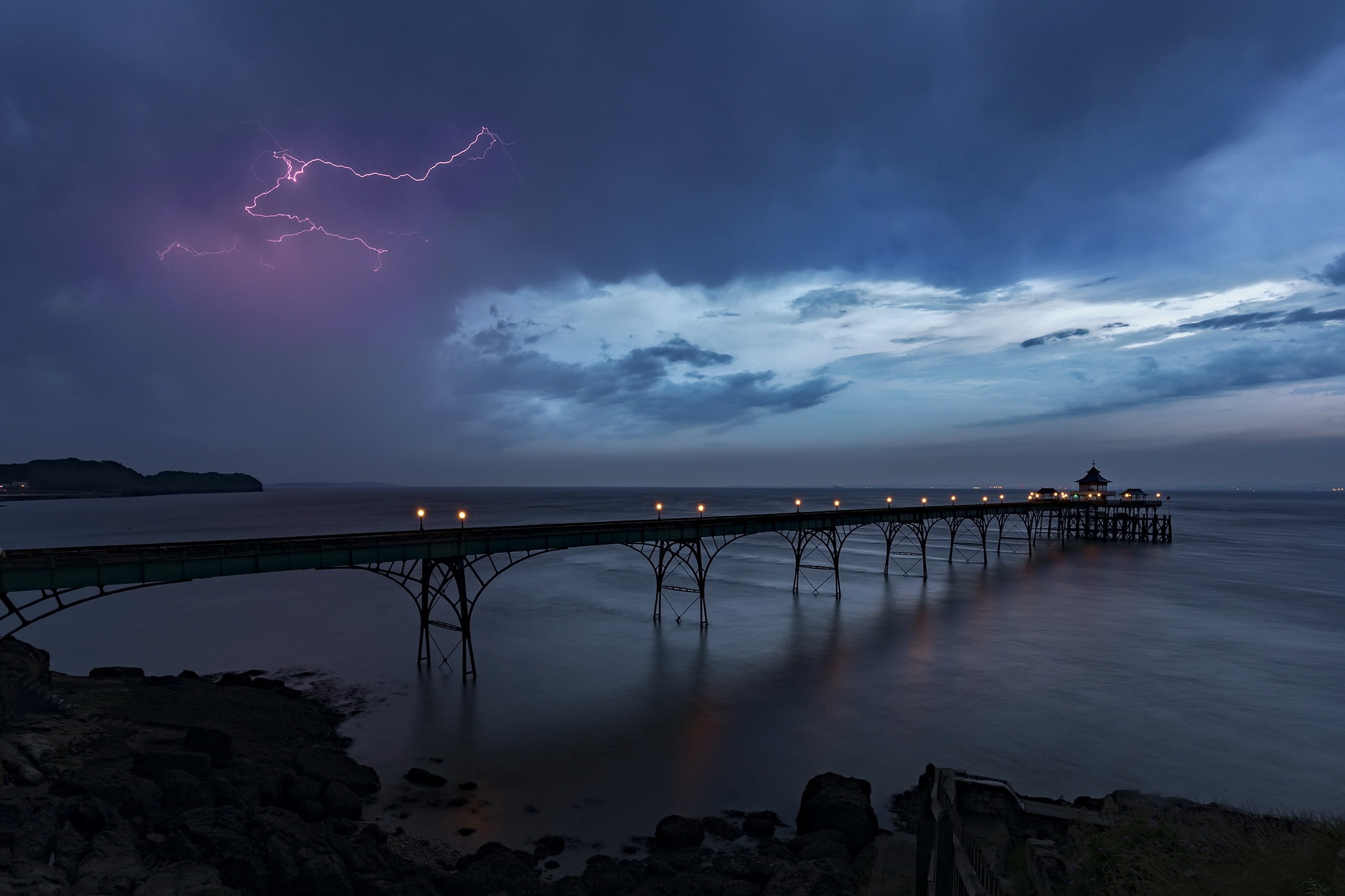 sky, night, storm, purple, connection, built structure, cloud - sky, thunderstorm, pier, lightning, sea, bridge, no people, outdoors, tranquil scene, architecture, HD Wallpaper