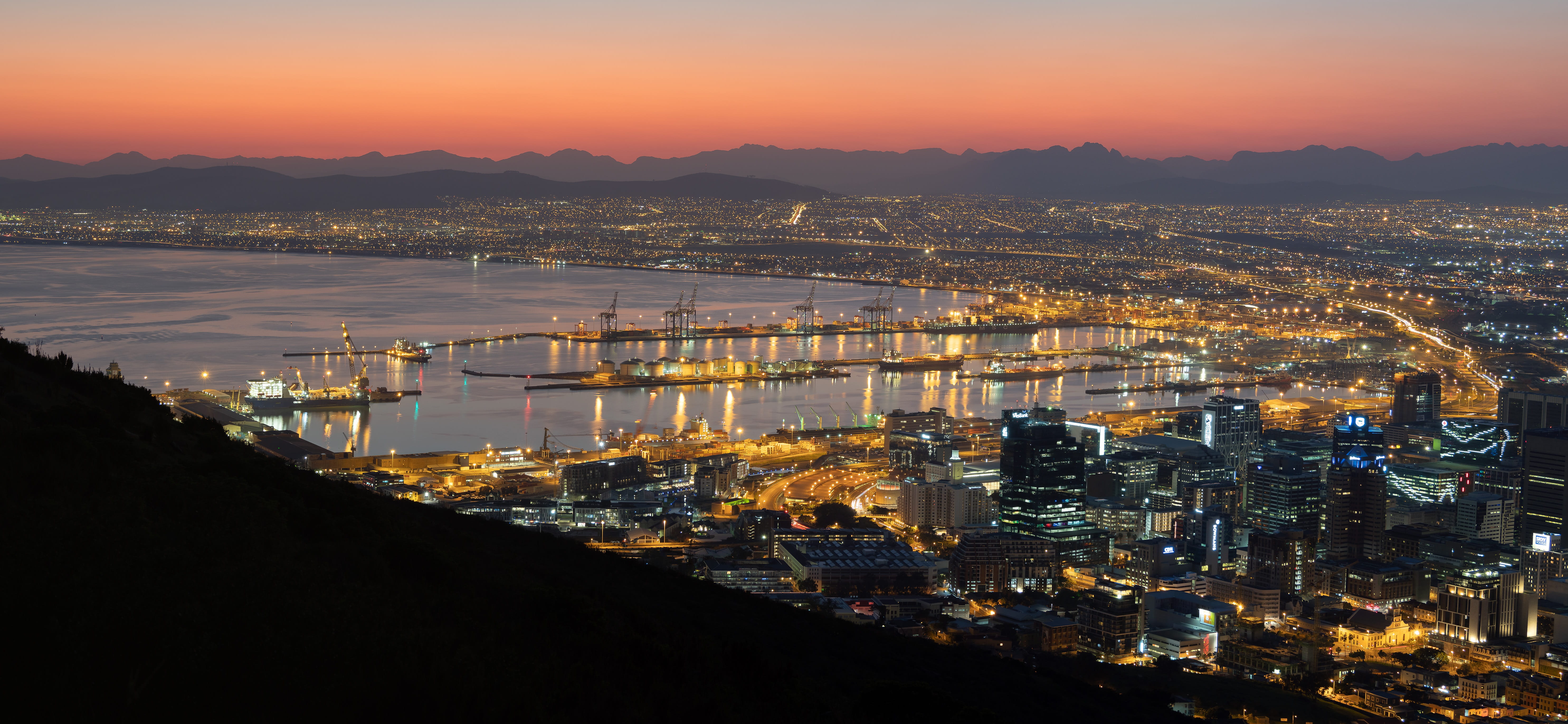 built structure, building exterior, mountain, no people, light, illuminated, view, cape town, city, travel destinations, sea, water, dawn, dusk, sky, 5K, HD Wallpaper